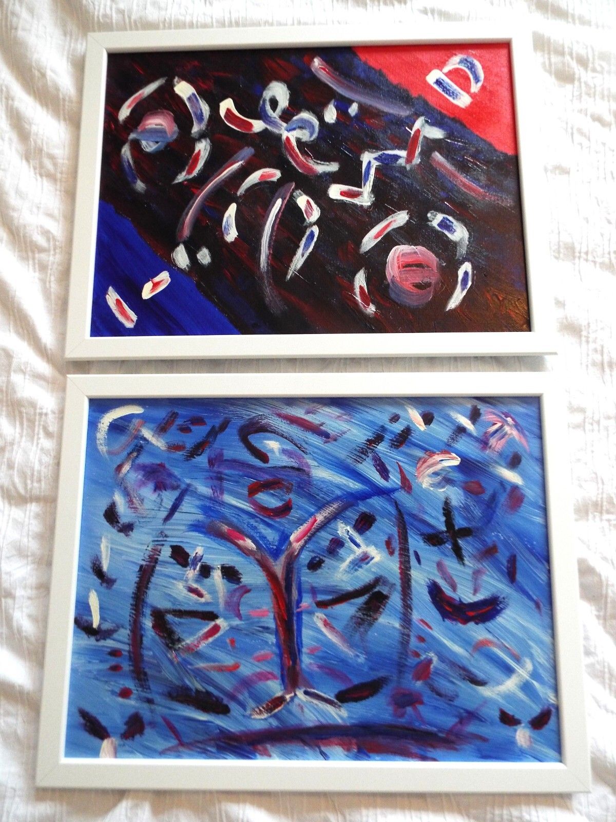 Pair Of New Original Abstract Framed Paintings Blue Red Fraser Lucas