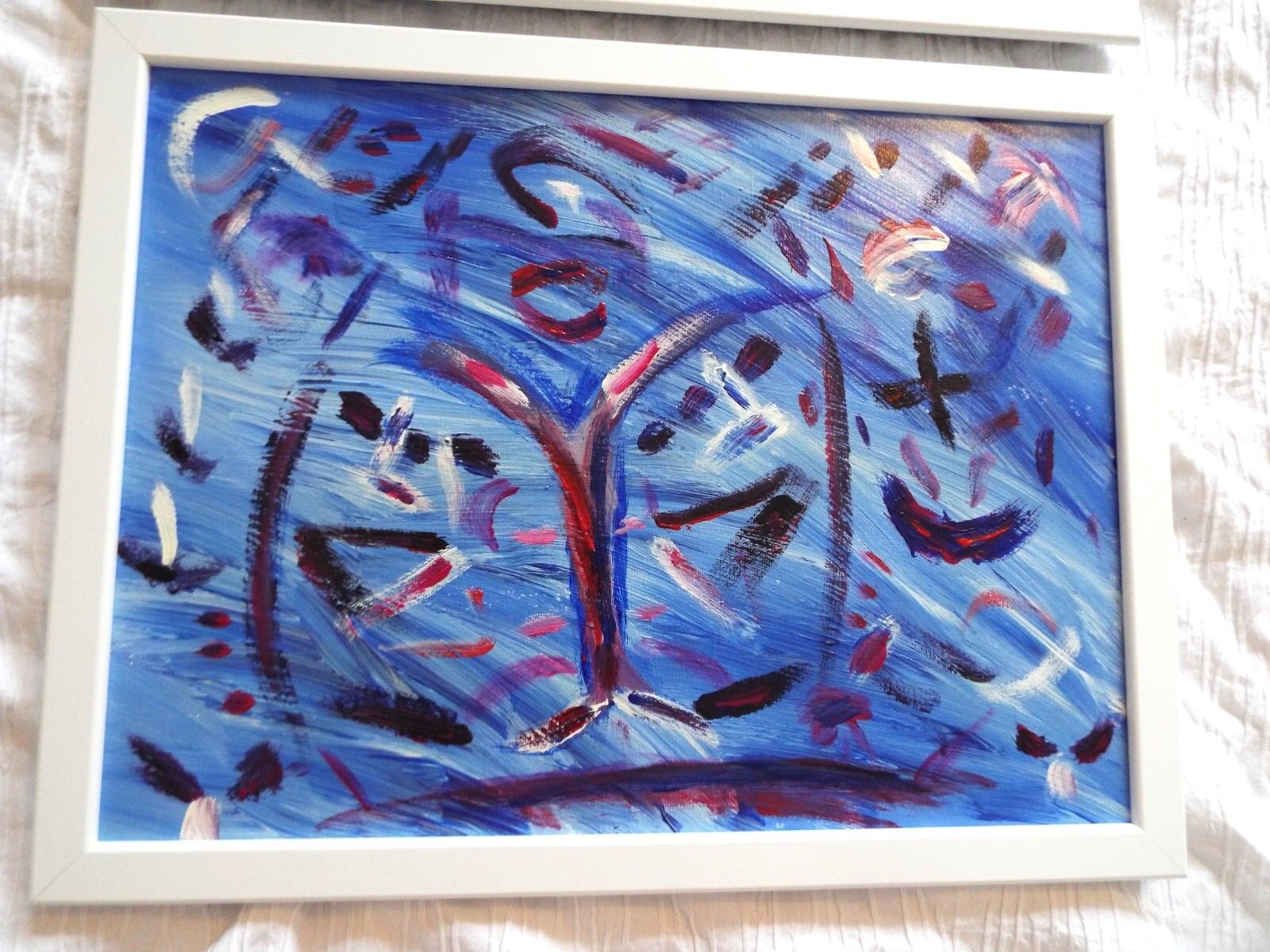 Pair Of New Original Abstract Framed Paintings Blue Red Fraser Lucas photo furniture
