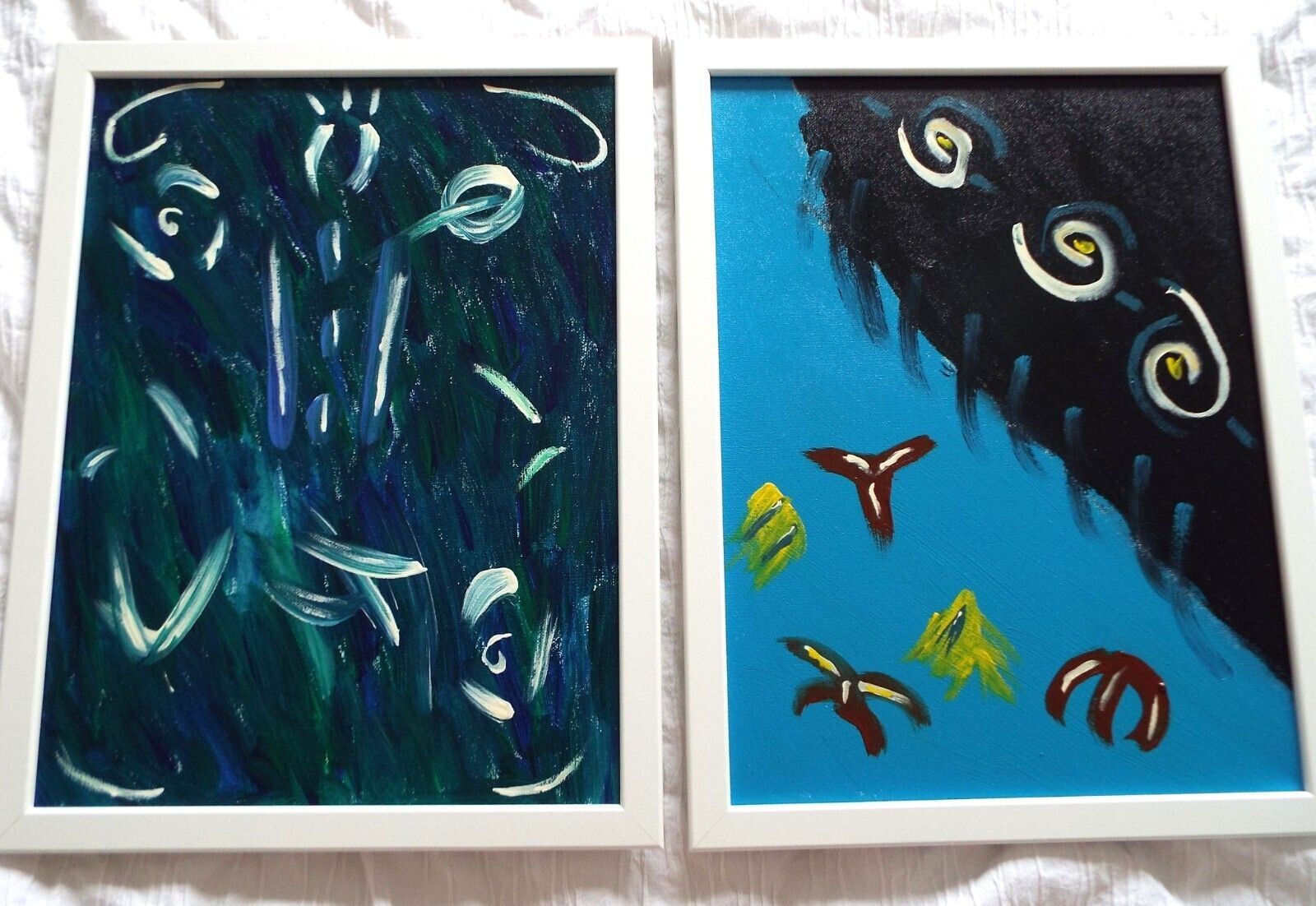 Pair Of New Original Abstract Framed Paintings Blue Turquoise Fraser Lucas photo furniture