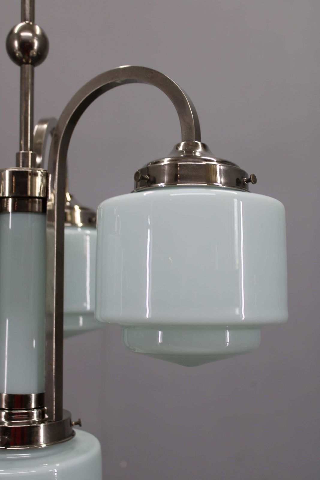 Art Deco Nickel Chandelier With Cylindrical Light Opaline Shades, Czechoslovakia photo Lighting