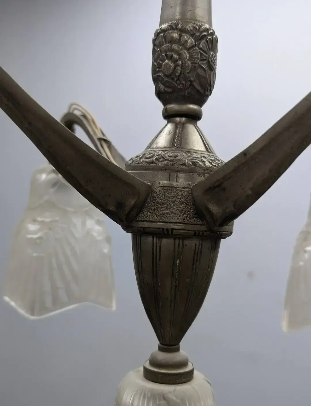 1930s Art Deco Silvered Bronze Chandelier With Molded Glass Tulip Shades photo vintage