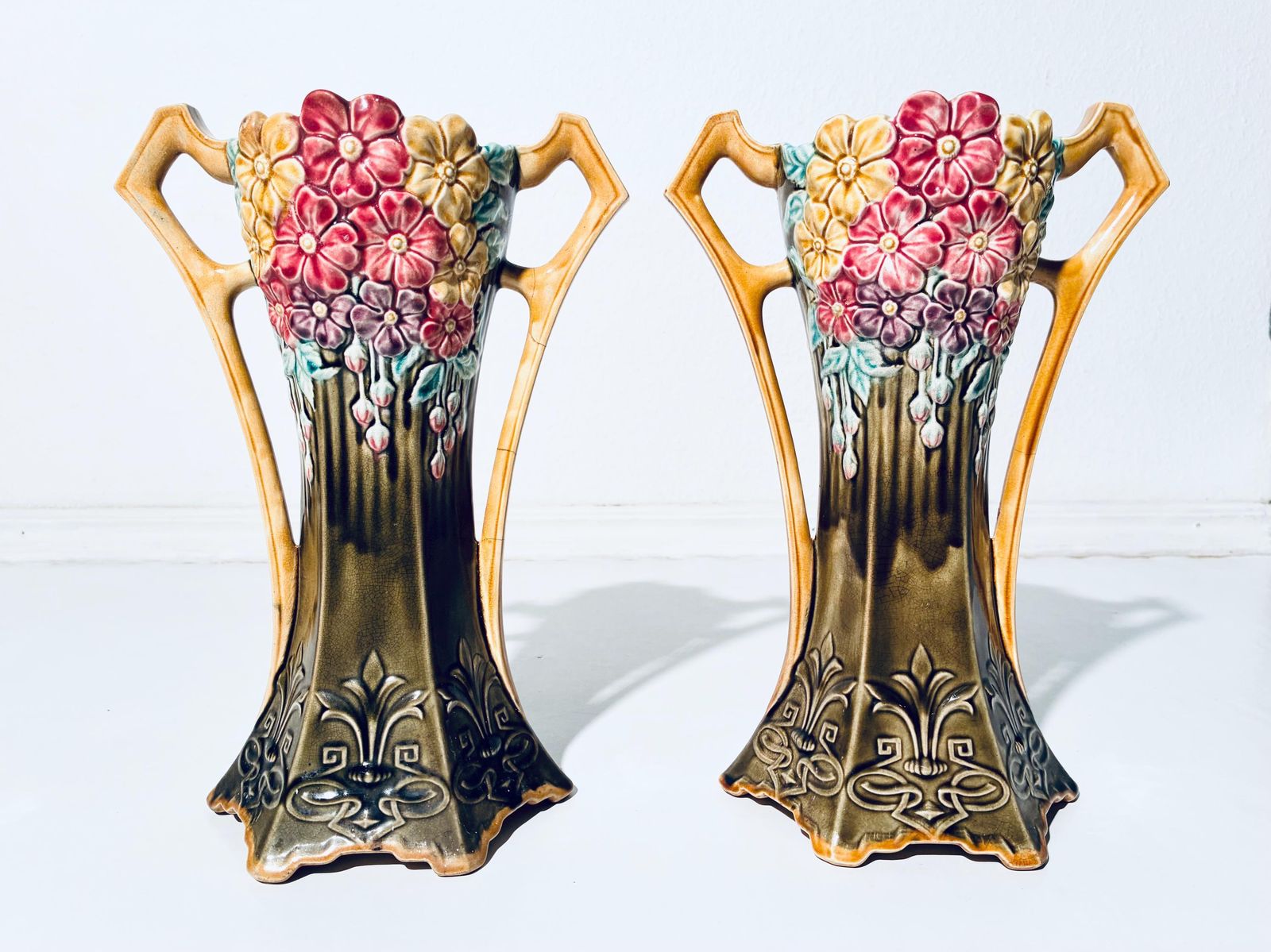 Two Art Nouveau Frie Onnaing Pansy Floral Motif Ceramic Vases / 1900s French Majolica / 785 photo furniture