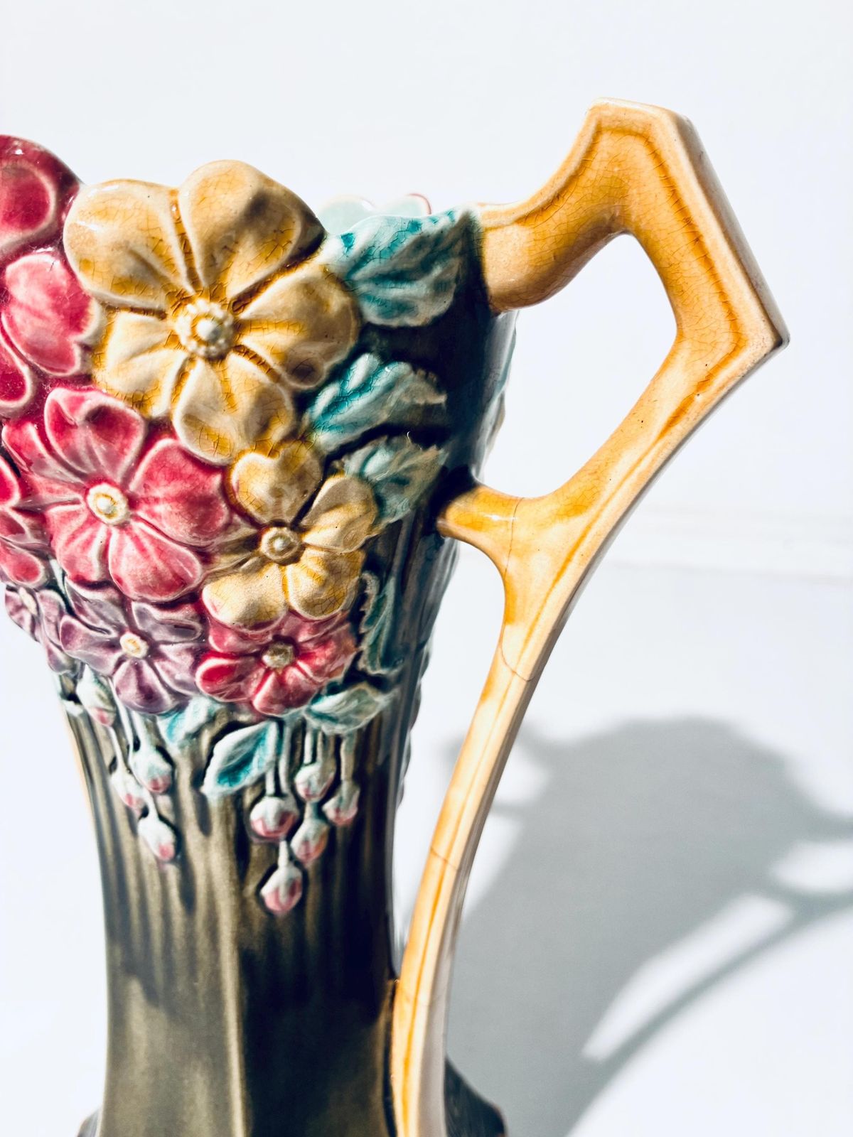 Home Decor Two Art Nouveau Frie Onnaing Pansy Floral Motif Ceramic Vases / 1900s French Majolica / 785 photo