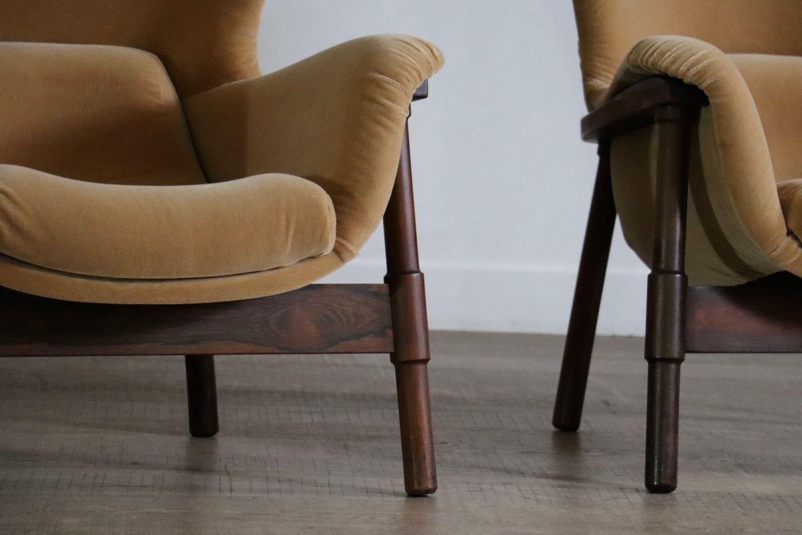 Pair Of Sculptural Lounge Chairs In Mohair And Rosewood, Italy 1950s photo buy