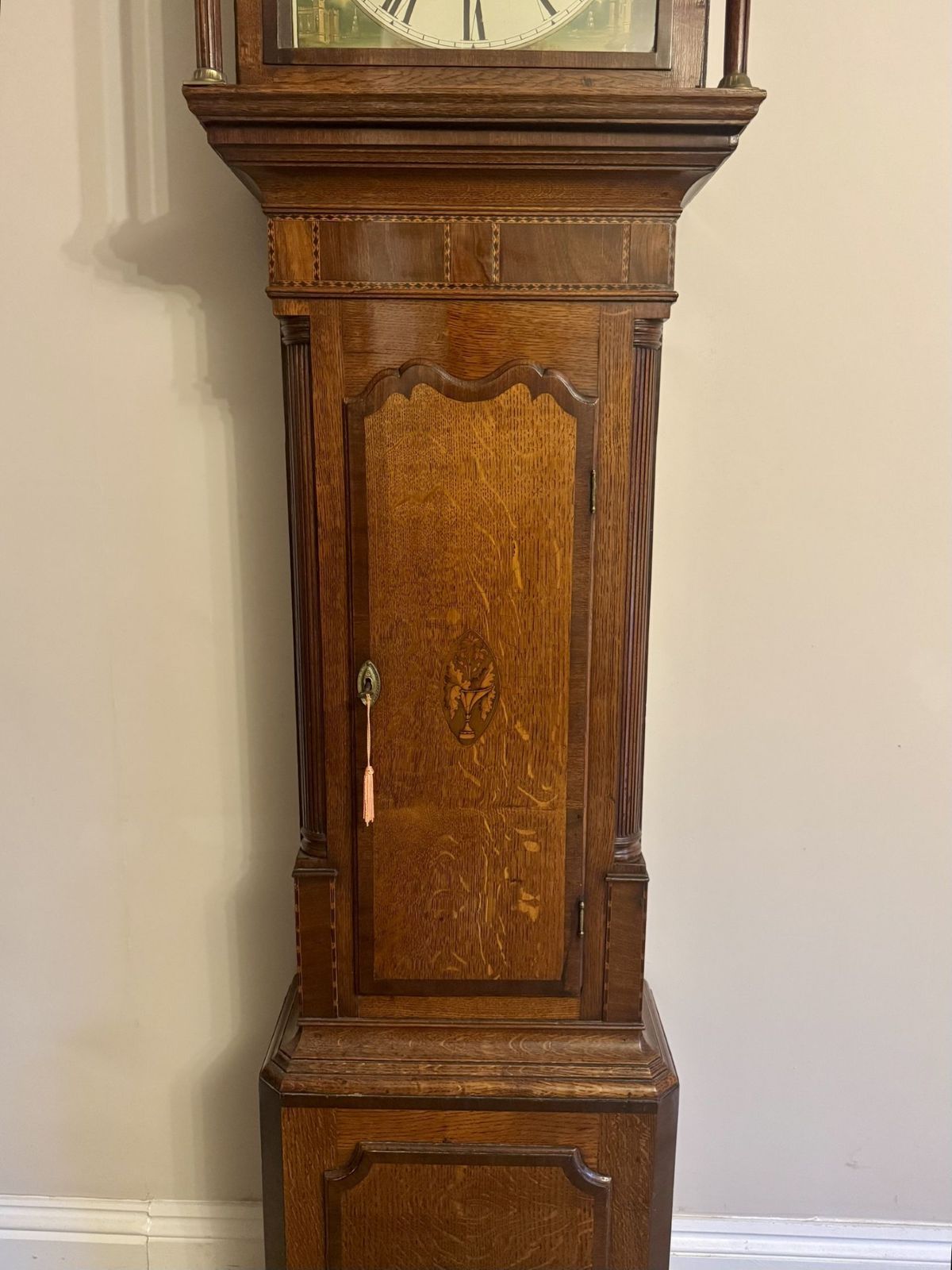 Quality Antique George III Oak And Mahogany Banded Long Case Clock photo for sale