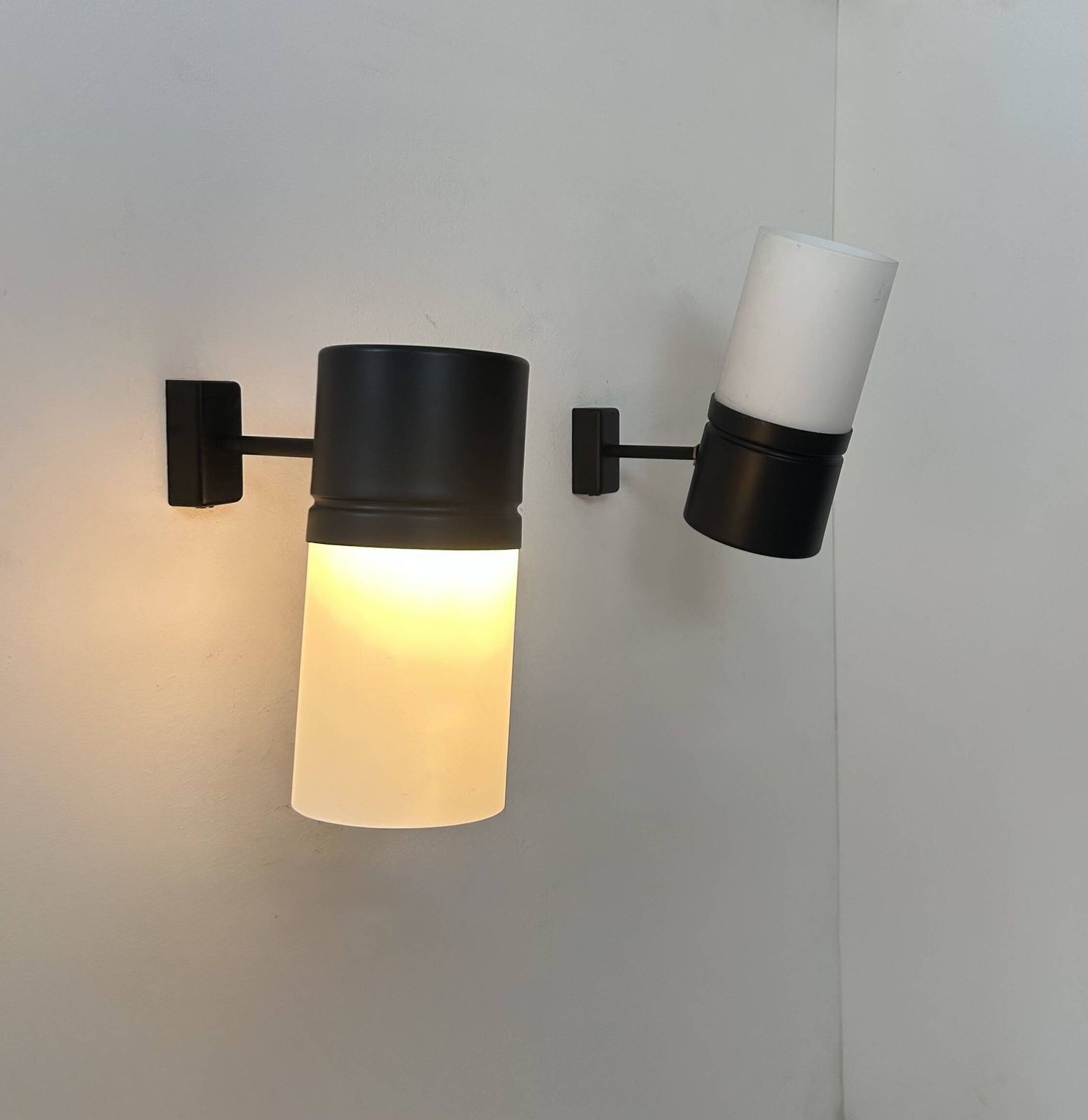 Pair Of Vintage Adjustable Wall Lights, Matte Black Metal And Opaline France 1950 photo buy
