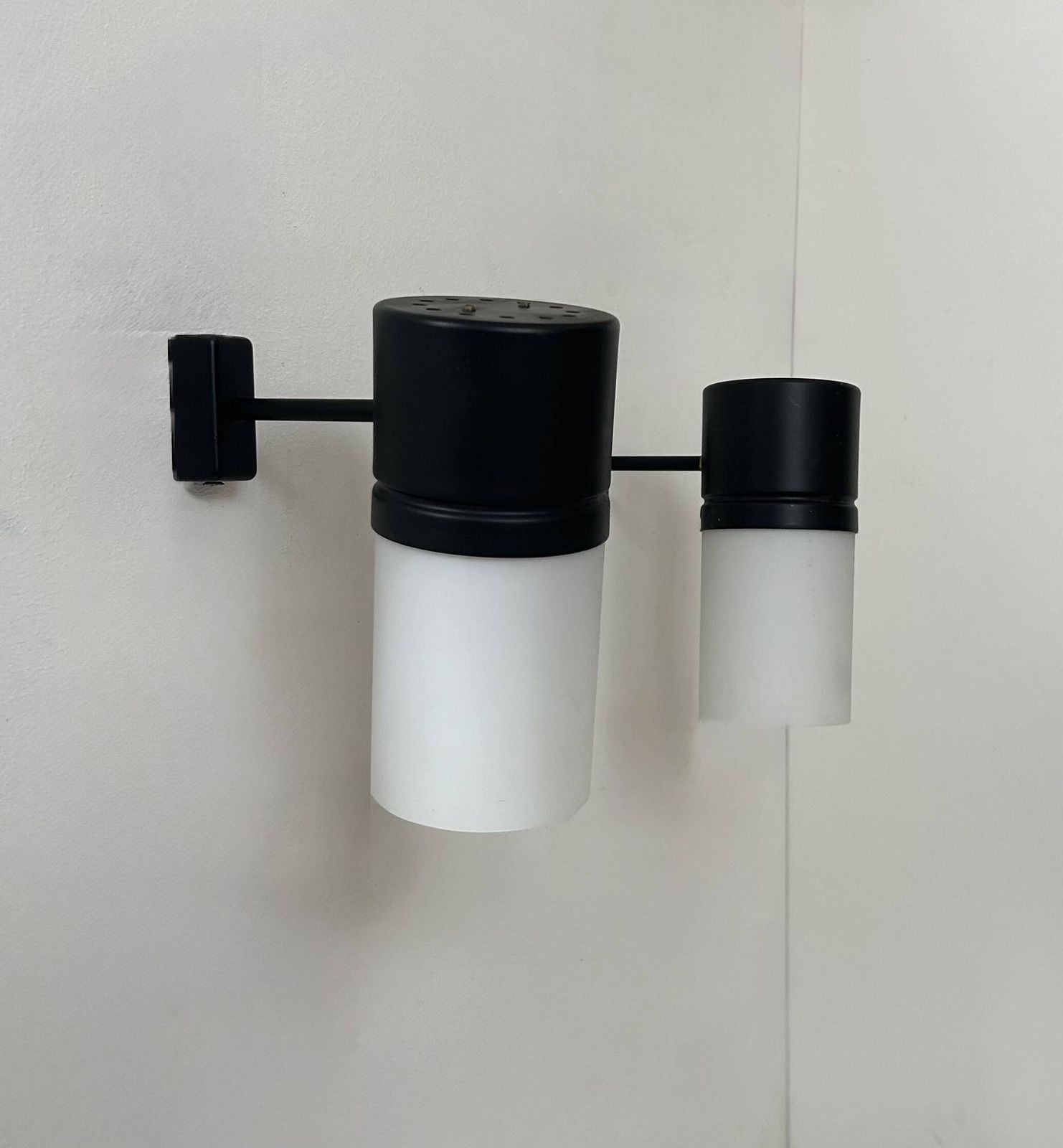Pair Of Vintage Adjustable Wall Lights, Matte Black Metal And Opaline France 1950 photo vintage