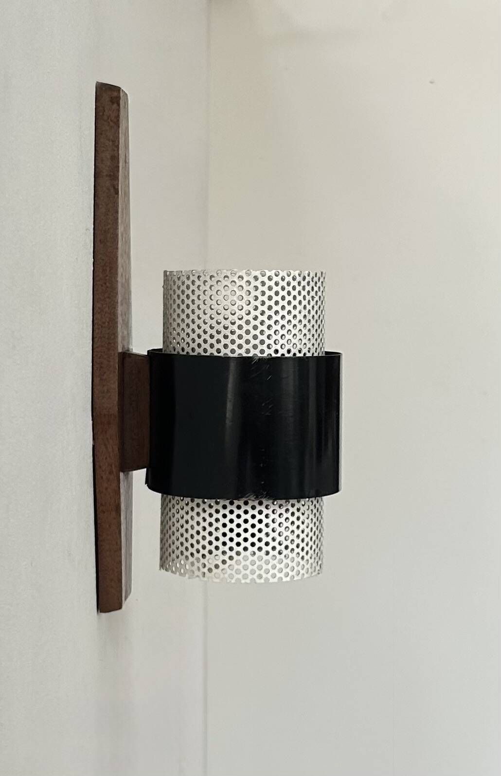 Vintage Wall Light, Wood, Black And White Lacquered Metal, France, 1950 photo Lighting