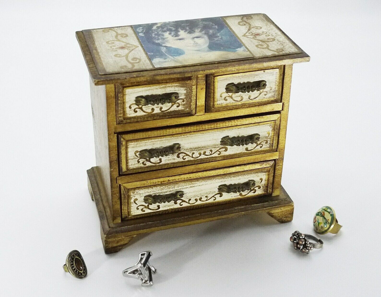 Italian Florentine Wood Jewelry Box With Drawers photo for sale