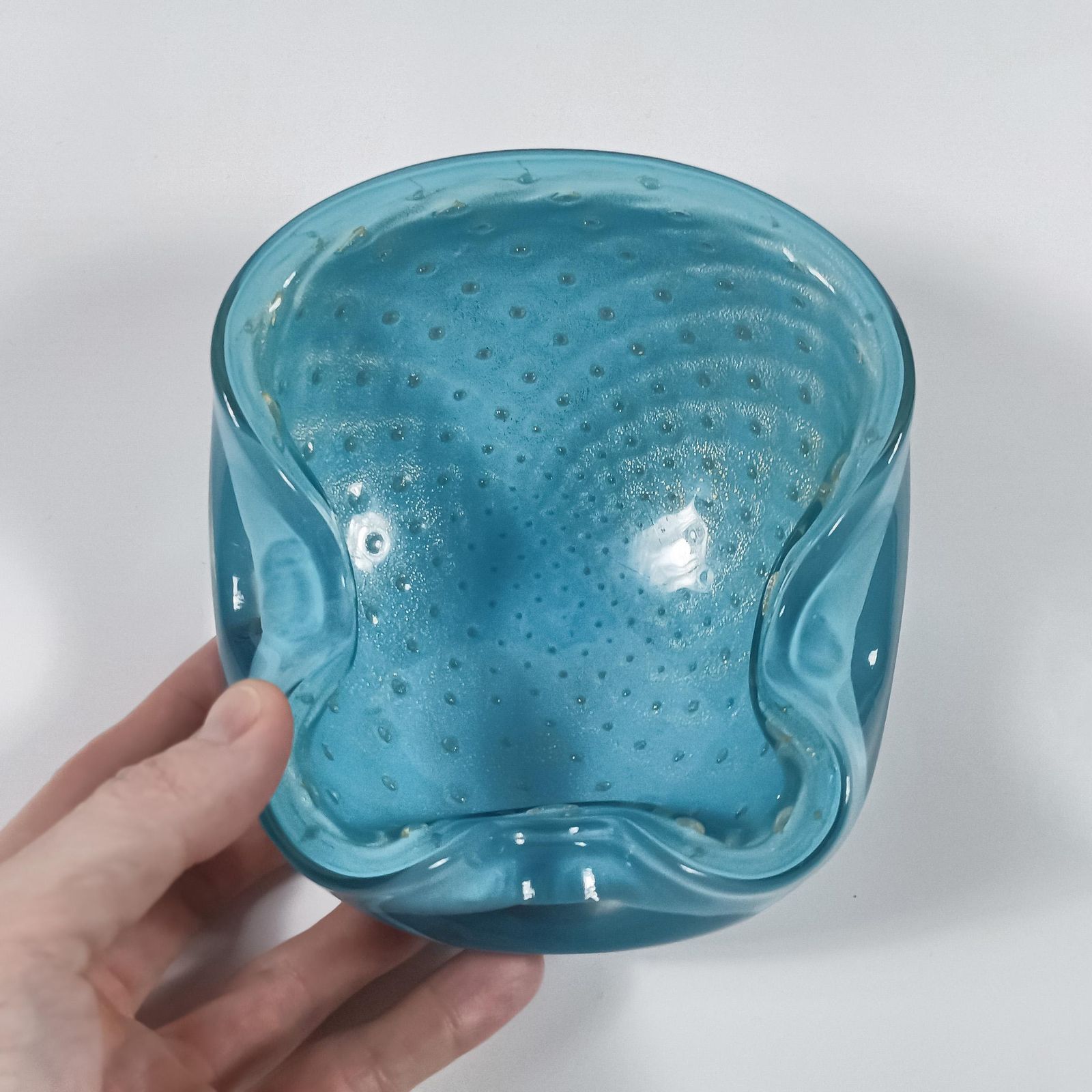 Mid Century Murano Glass Bowl By Alfredo Barbini, Pale Blue With Gold Polveri photo vinterior
