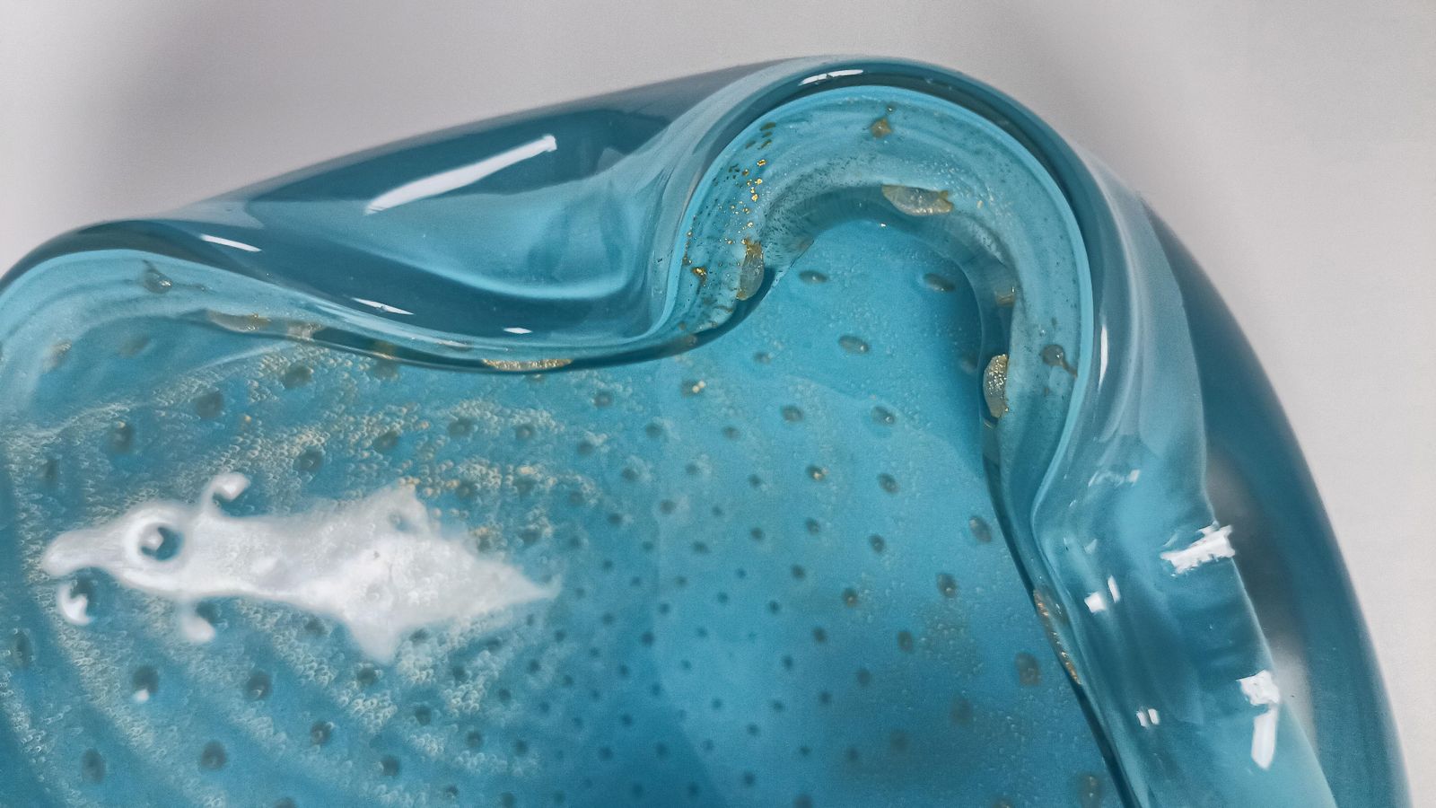 Mid Century Murano Glass Bowl By Alfredo Barbini, Pale Blue With Gold Polveri photo buy