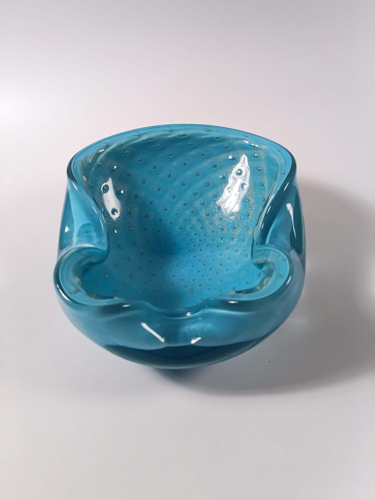 photo for sale Mid Century Murano Glass Bowl By Alfredo Barbini, Pale Blue With Gold Polveri