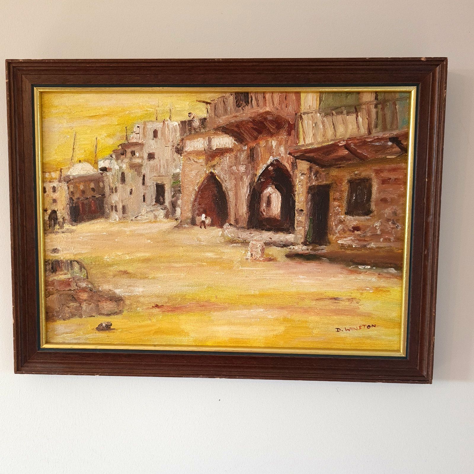 D Winston Signed Oil Painting Acre Street Scene 1993 Akko Israel W40cm X H30cm