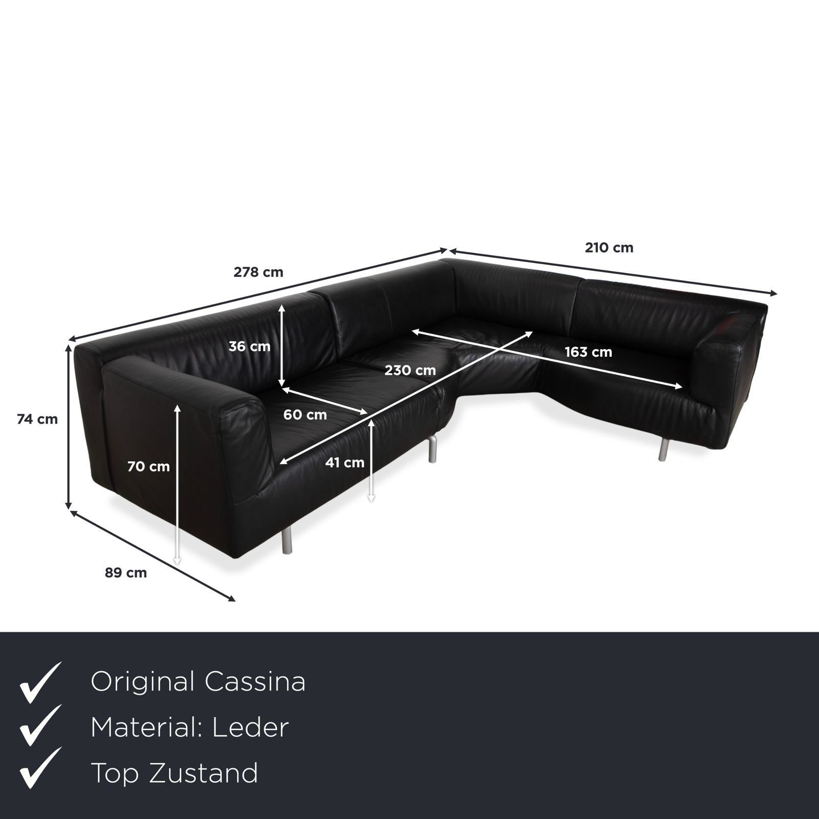 Cassina Met 250 Leren Hoekbank Zwart Zilveren Poten photo furniture
