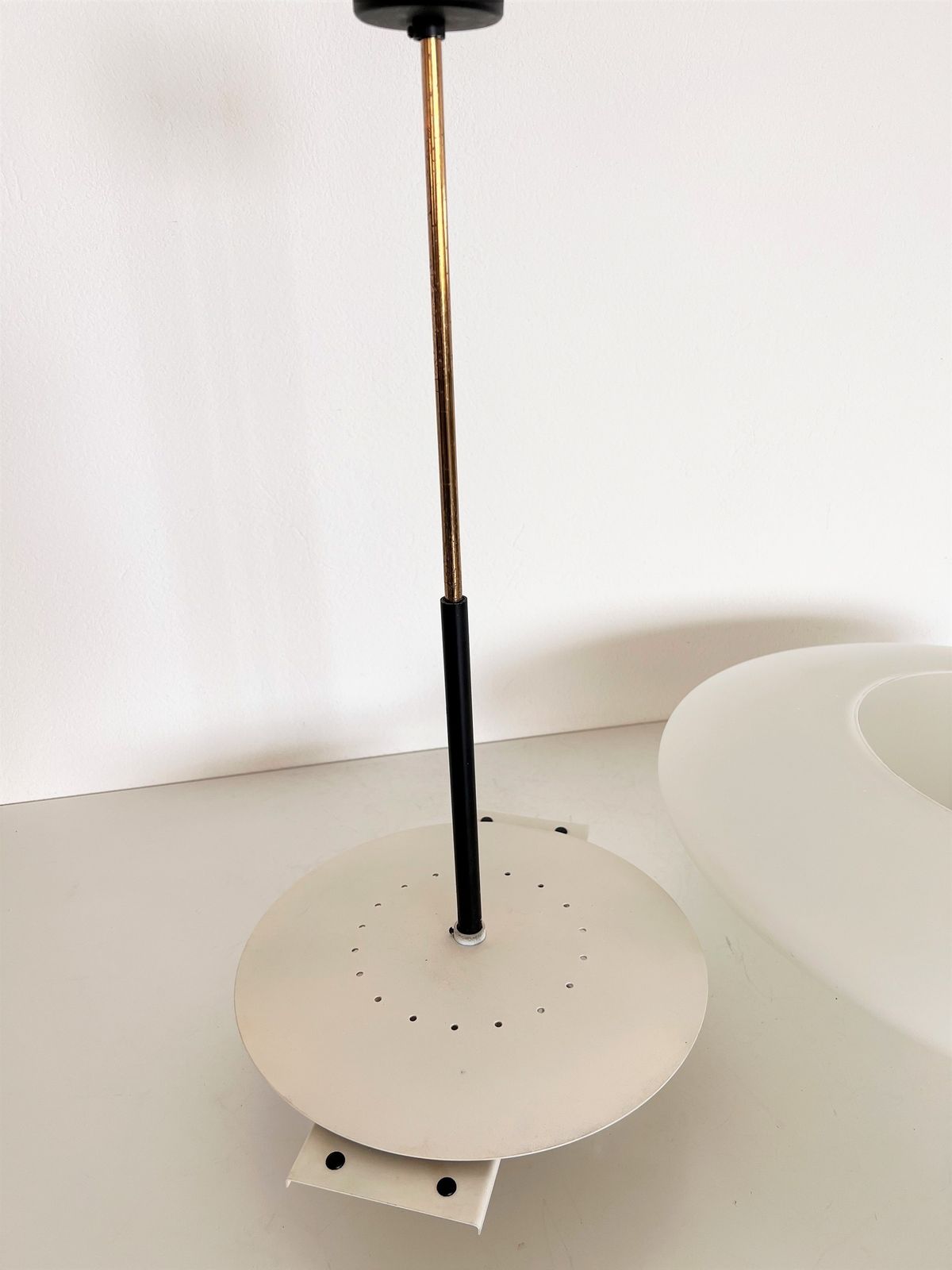Italian Mid Century Stilnovo Opaline Glass And Brass Pendant Light , 1970s photo vintage