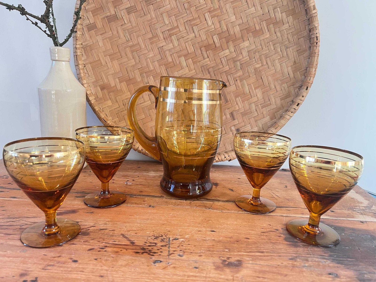 Mid Century Hand Blown Amber Glass Pitcher And 4 Stemware Set | Bohemian Smoke Glass Jug With Gold Banding | Vintage Czech Cocktail Barware