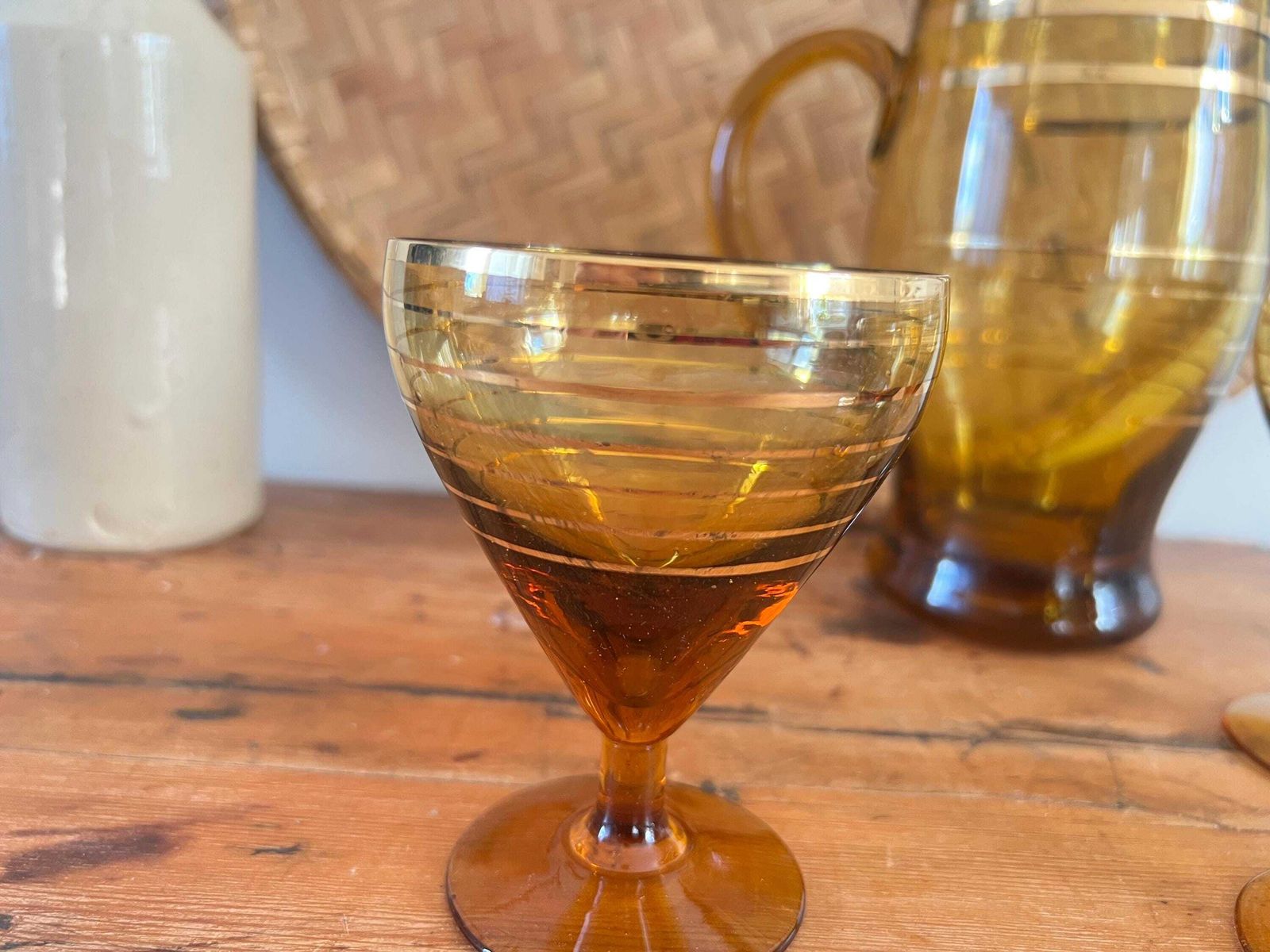 Mid Century Hand Blown Amber Glass Pitcher And 4 Stemware Set | Bohemian Smoke Glass Jug With Gold Banding | Vintage Czech Cocktail Barware photo vintage