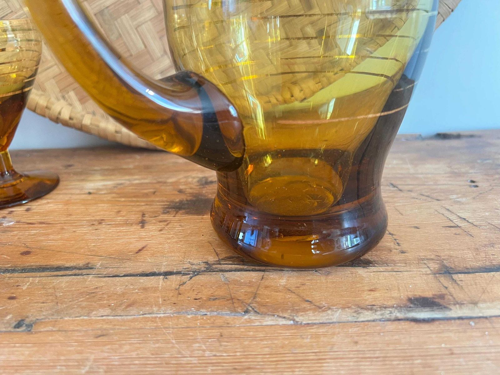 photo vinterior Mid Century Hand Blown Amber Glass Pitcher And 4 Stemware Set | Bohemian Smoke Glass Jug With Gold Banding | Vintage Czech Cocktail Barware