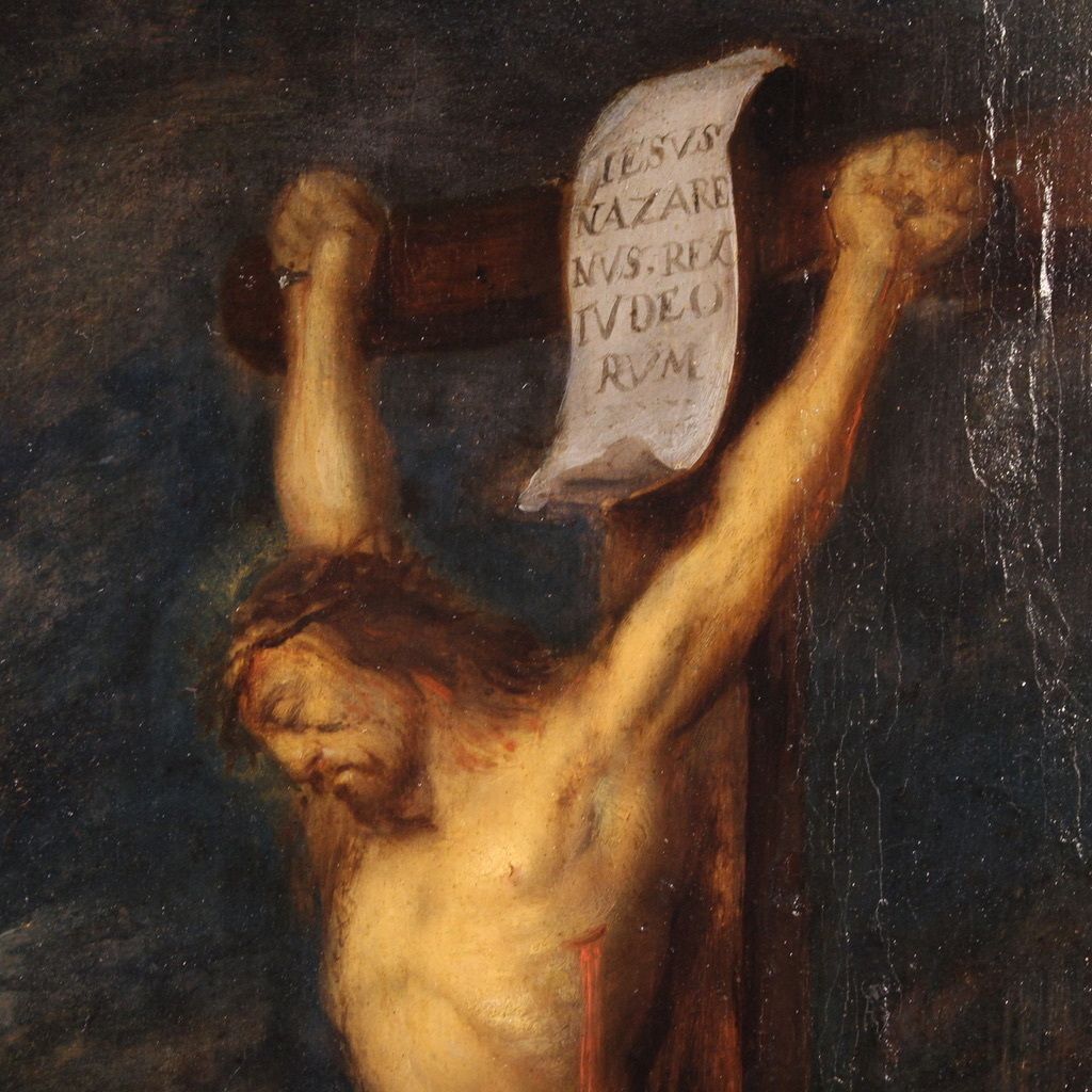 Antique Flemish Painting On Panel From The 17th Century, Crucifixion With Soldiers photo vinterior