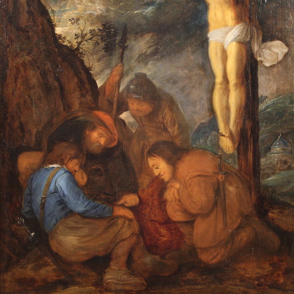 Art Antique Flemish Painting On Panel From The 17th Century, Crucifixion With Soldiers photo
