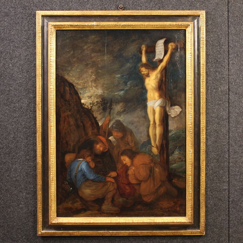 Antique Flemish Painting On Panel From The 17th Century, Crucifixion With Soldiers