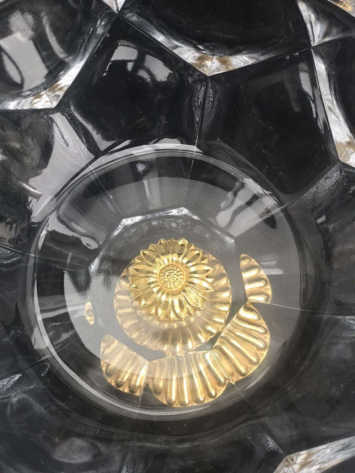 photo for sale Val Saint Lambert Crystal Compote Bowl: Hollywood Regency Golden Bronze Pedestal