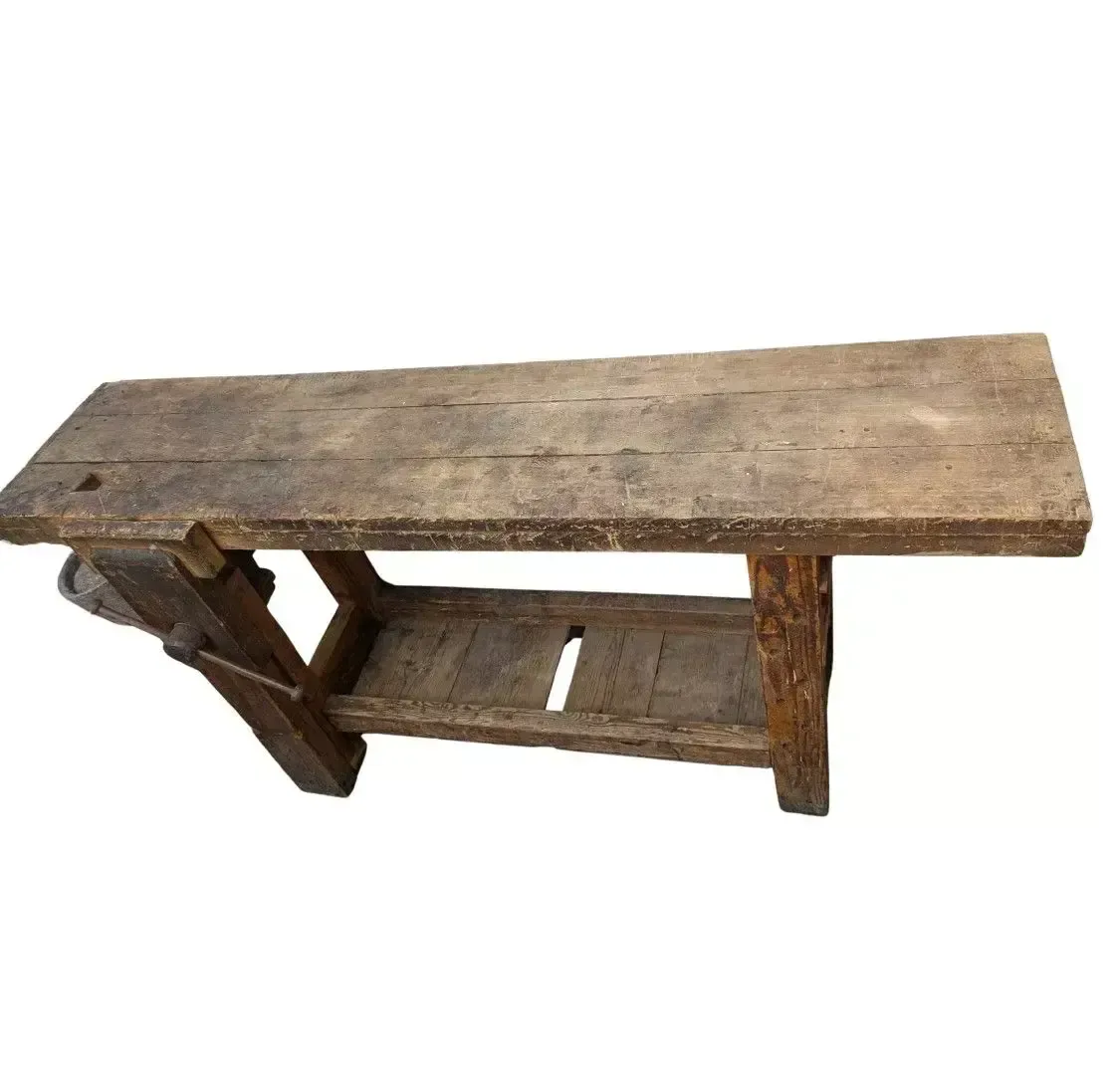 Rustic Carpenter's Workbench With Vise, Early 20th Century photo furniture