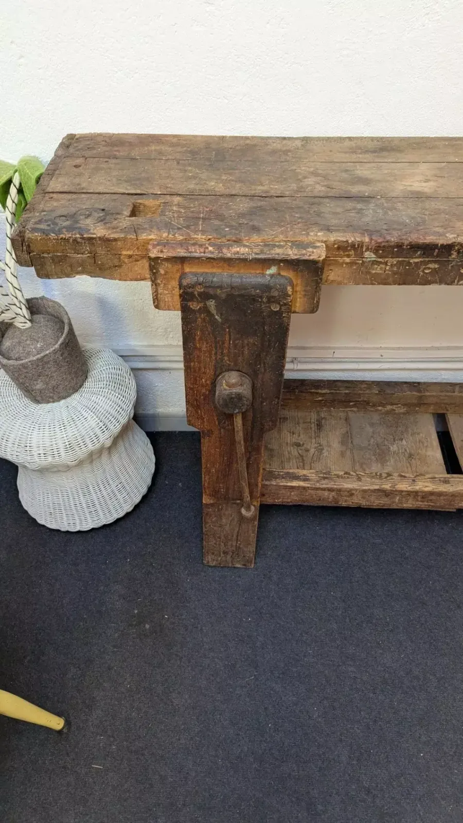 Rustic Carpenter's Workbench With Vise, Early 20th Century photo for sale