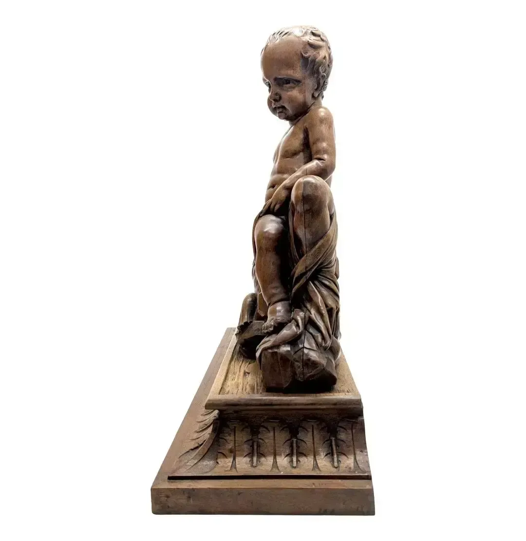 Wooden Sculpture Of A Baby Leaning Against An Animal, 19th Century photo furniture