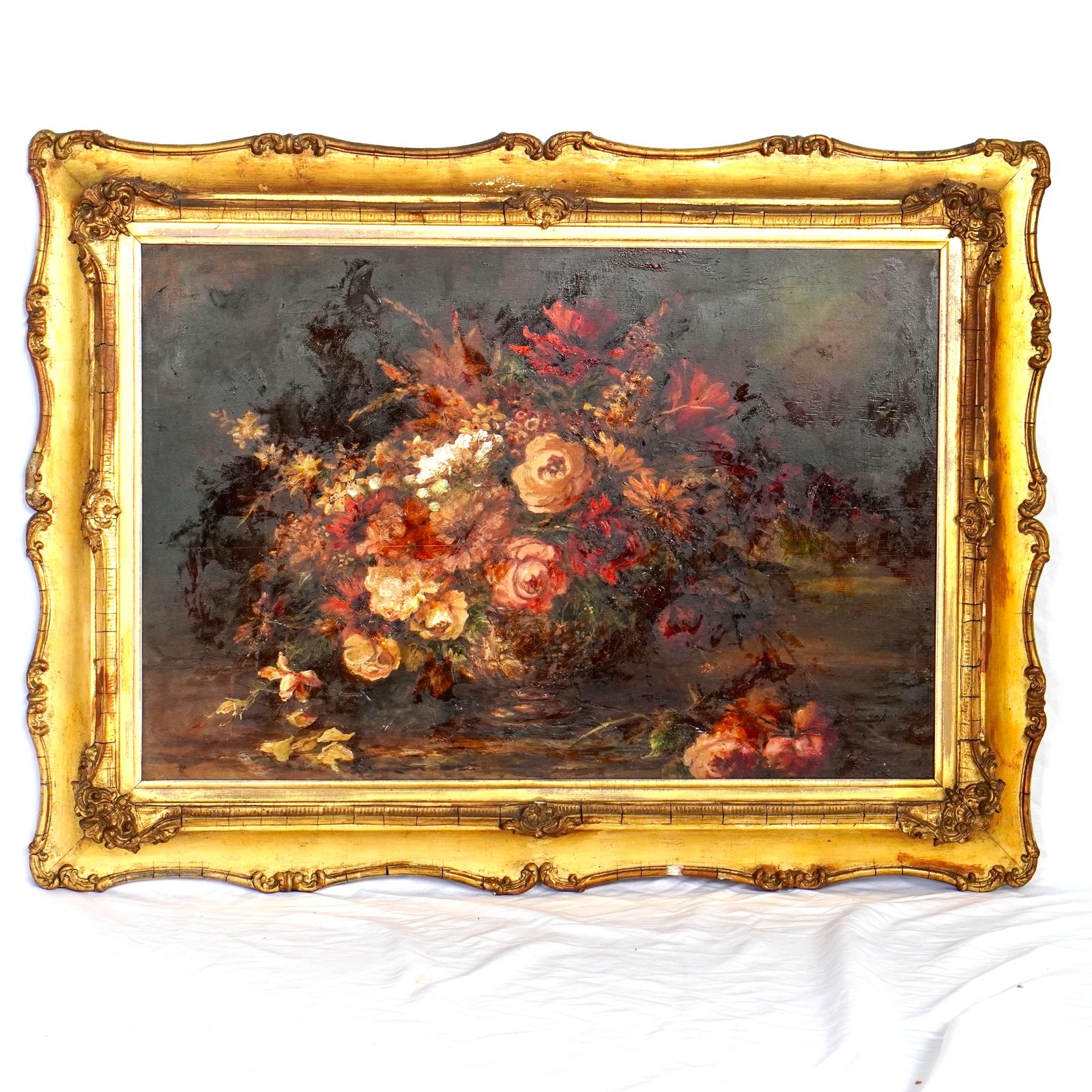 19th Century English School Still Life Of Flowers Oil On Canvas Painting photo furniture