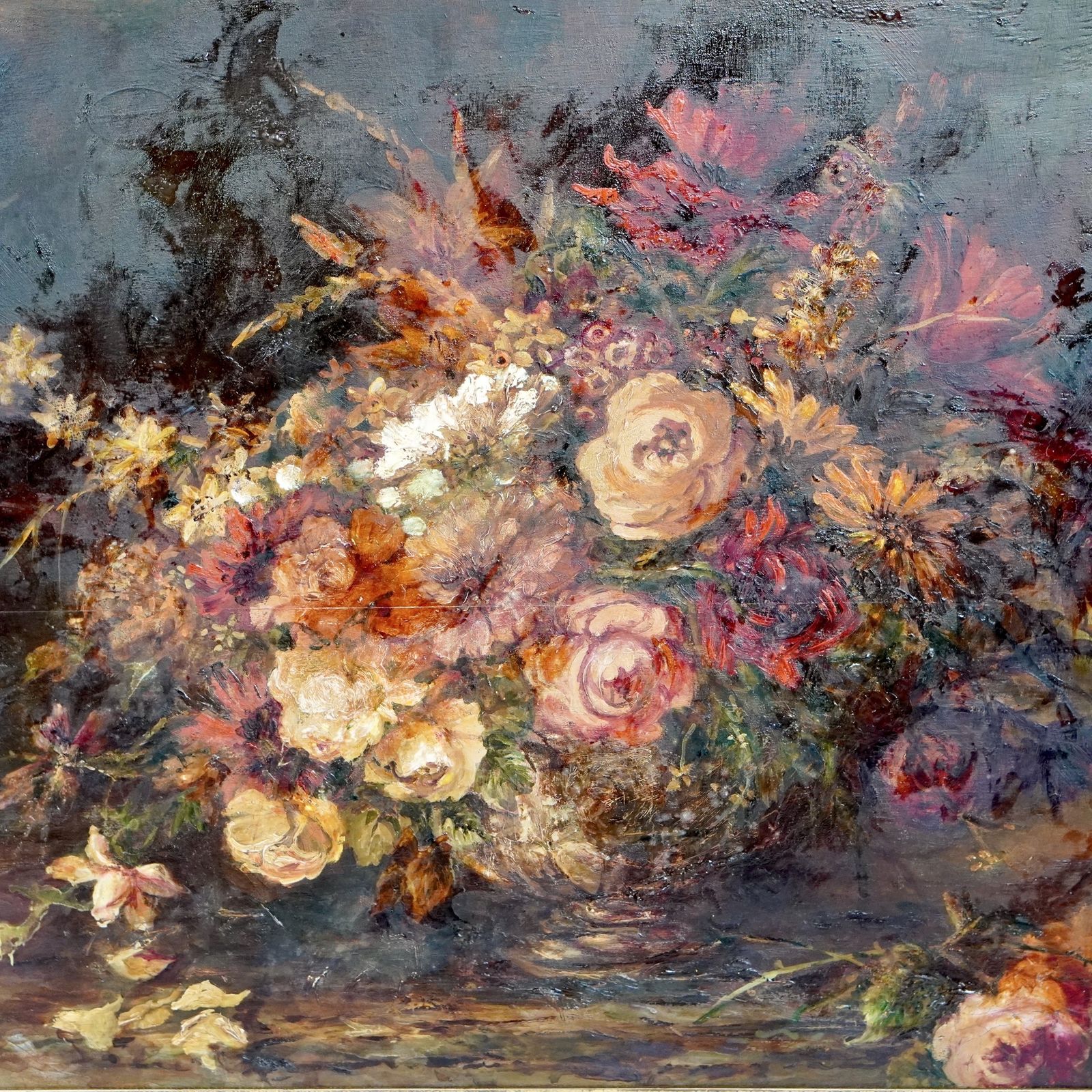 19th Century English School Still Life Of Flowers Oil On Canvas Painting photo for sale