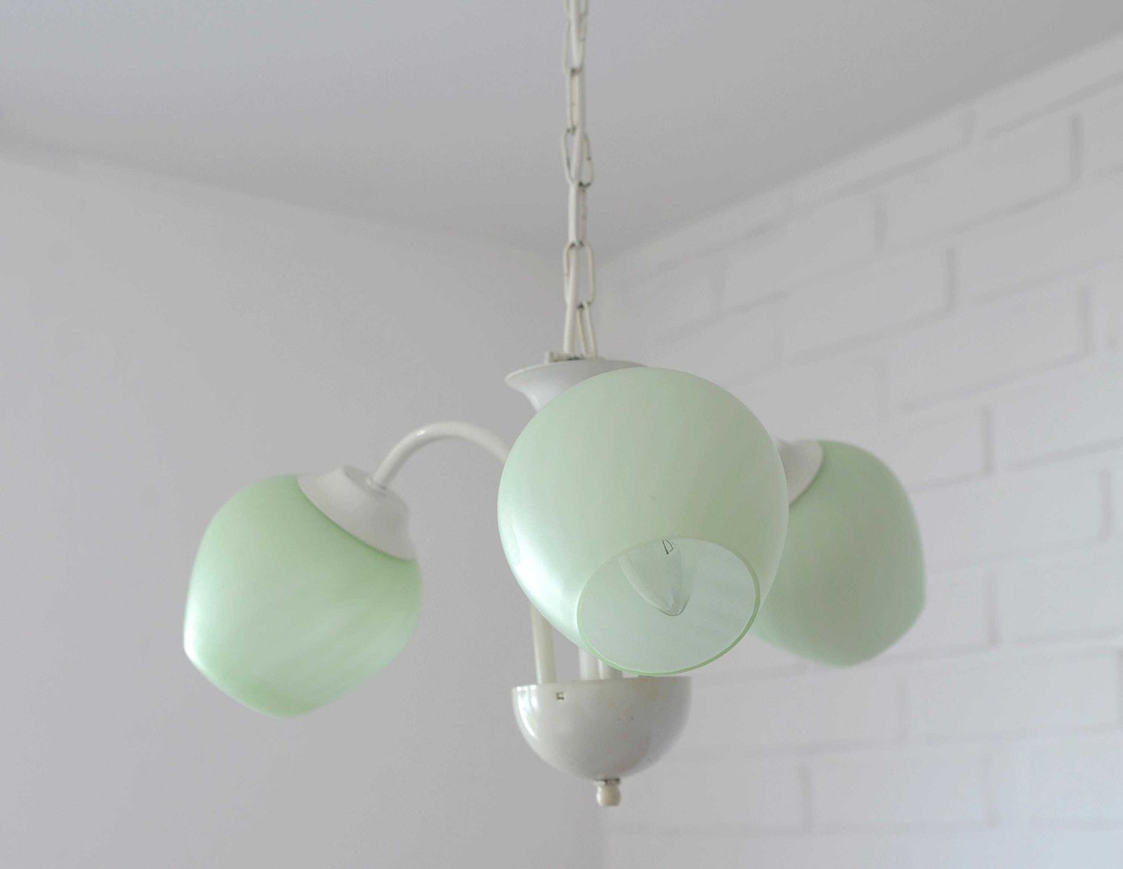Vintage Elegant Pendant Lamp / Shabby Chic White Chandelier / Mint Green Glass photo for sale