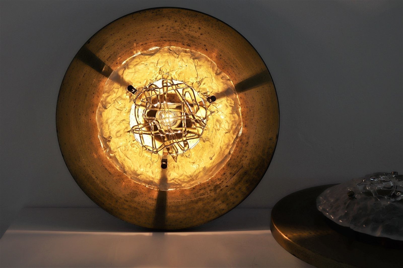 Lighting Italian Flush Mount Or Ceiling Lamps In Brass And Murano Glass By Angelo Brotto For Esperia, 1970s photo