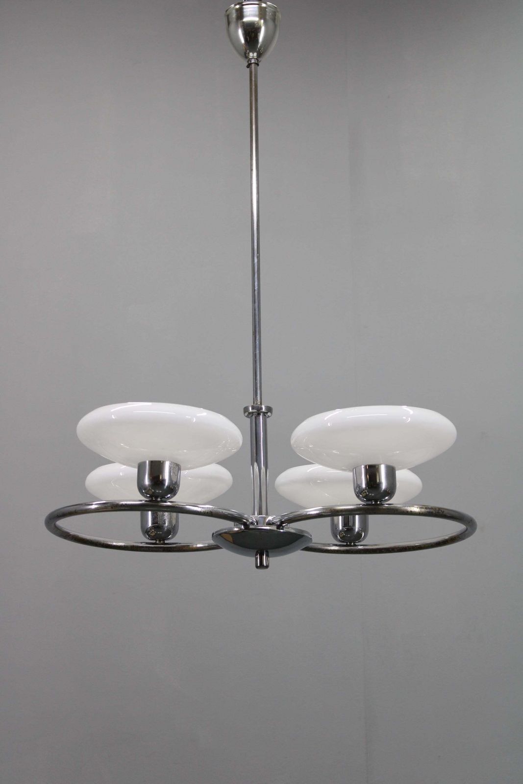 Mid Century Chrome Chandelier With Milk Glass Disc Shades, Czechoslovakia, 1950s photo furniture
