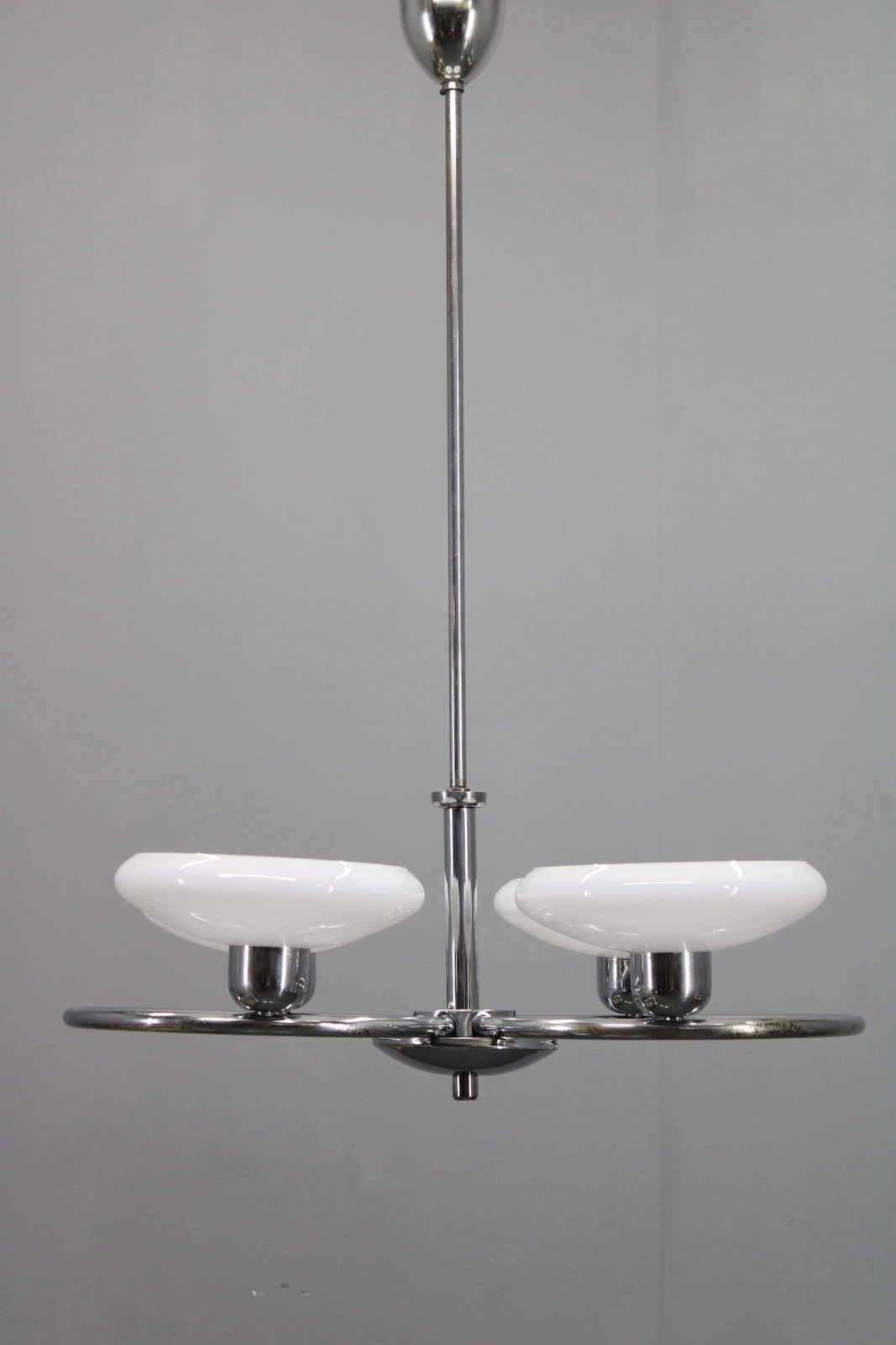Mid Century Chrome Chandelier With Milk Glass Disc Shades, Czechoslovakia, 1950s photo for sale