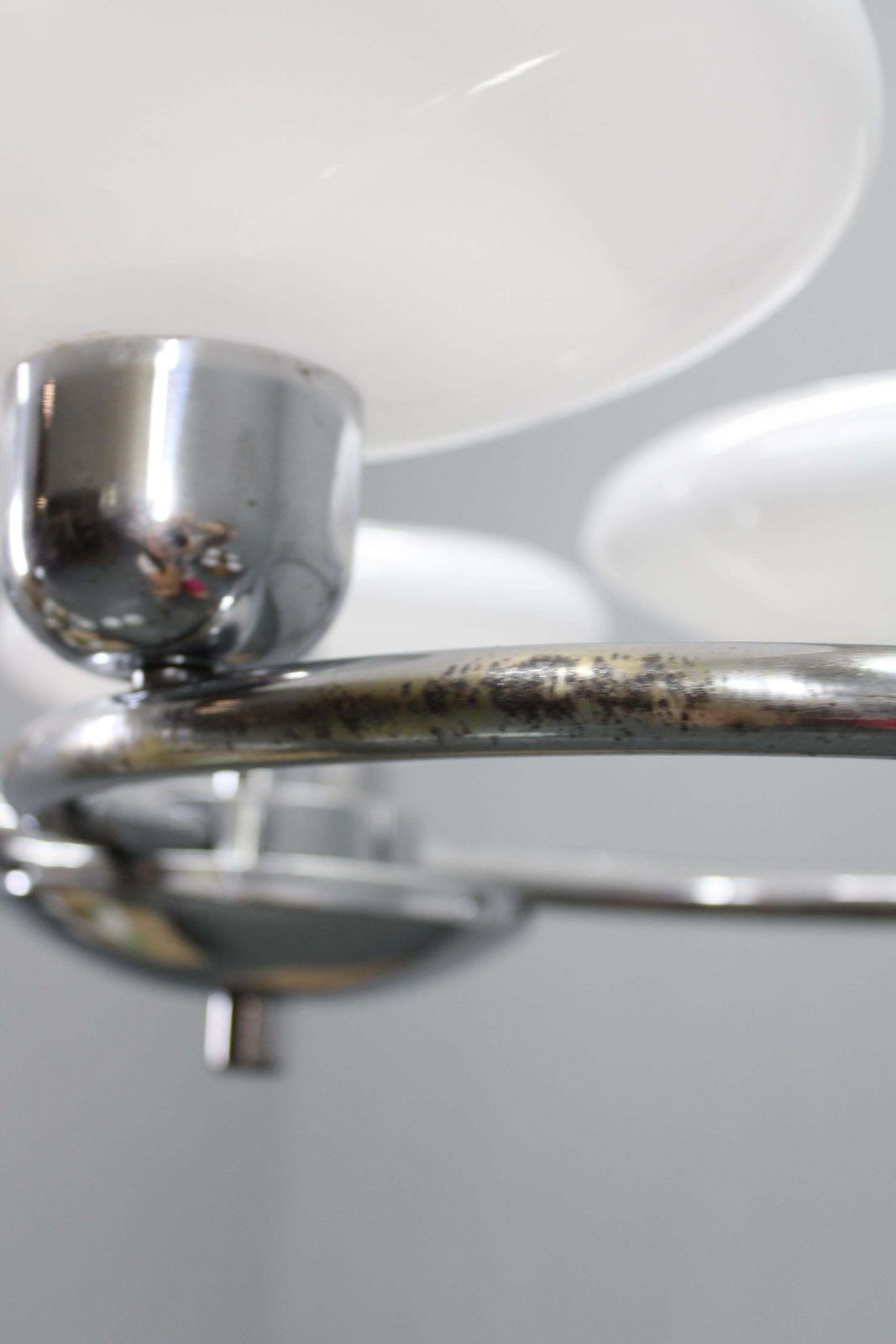 Mid Century Chrome Chandelier With Milk Glass Disc Shades, Czechoslovakia, 1950s photo vintage