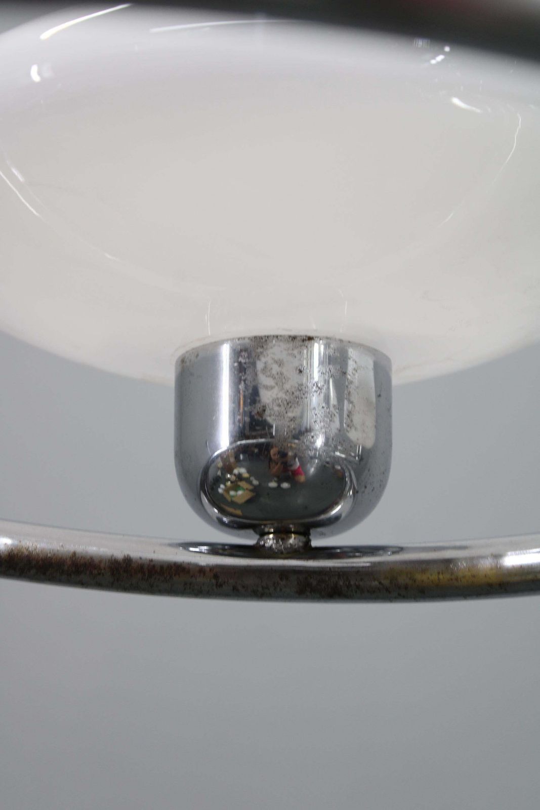 Lighting Mid Century Chrome Chandelier With Milk Glass Disc Shades, Czechoslovakia, 1950s photo