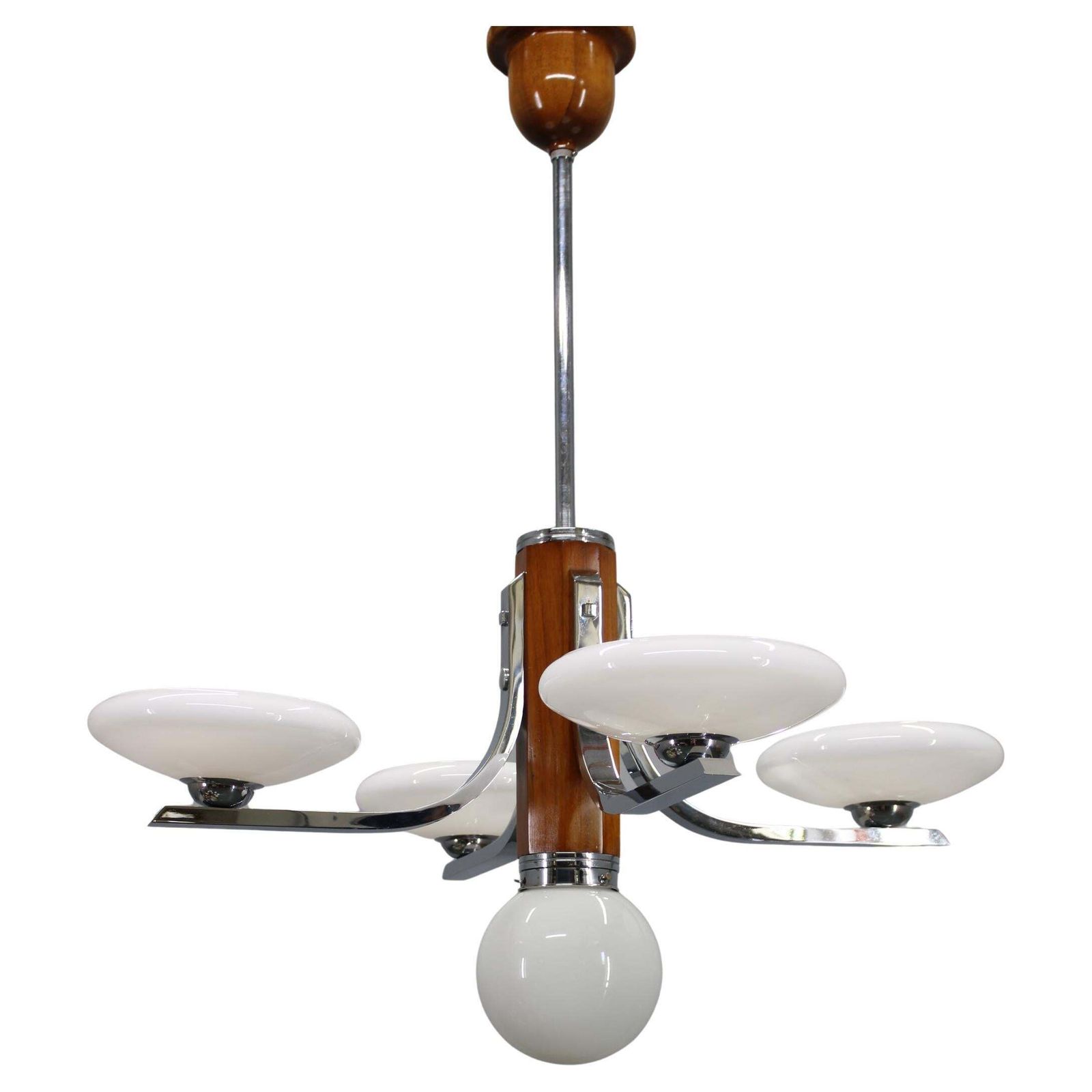 Art Deco Chrome And Walnut Chandelier With Milky Glass Shades, Czechoslovakia, 1