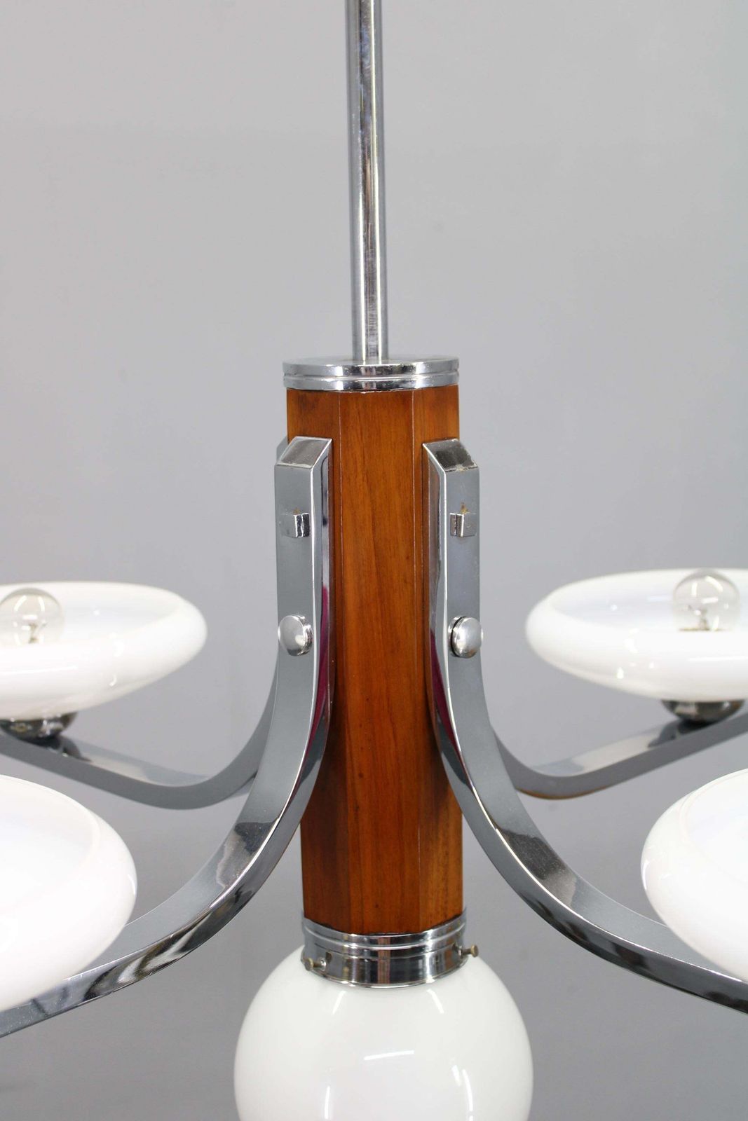 Art Deco Chrome And Walnut Chandelier With Milky Glass Shades, Czechoslovakia, 1 photo vinterior