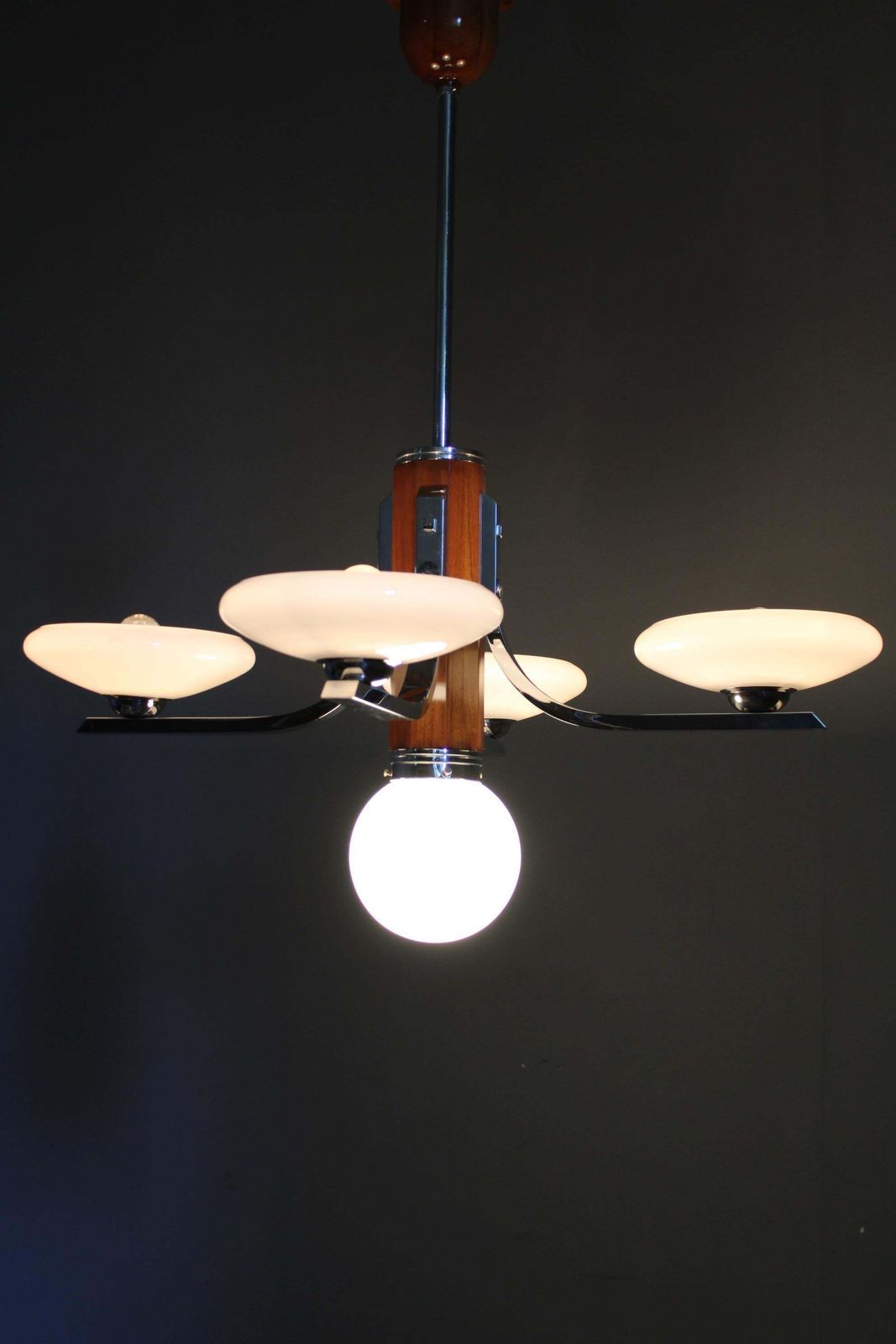 photo buy Art Deco Chrome And Walnut Chandelier With Milky Glass Shades, Czechoslovakia, 1
