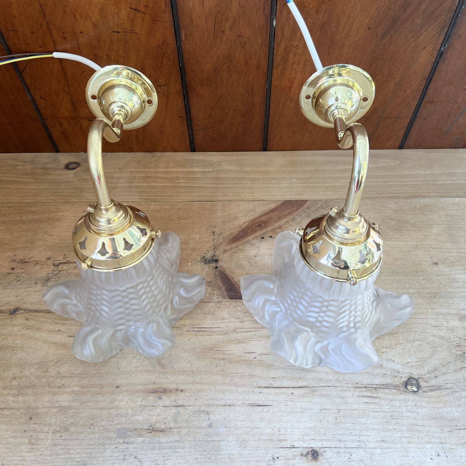 Pair Of Frosted Frill Glass Shade Wall Lights In Polished Brass photo furniture