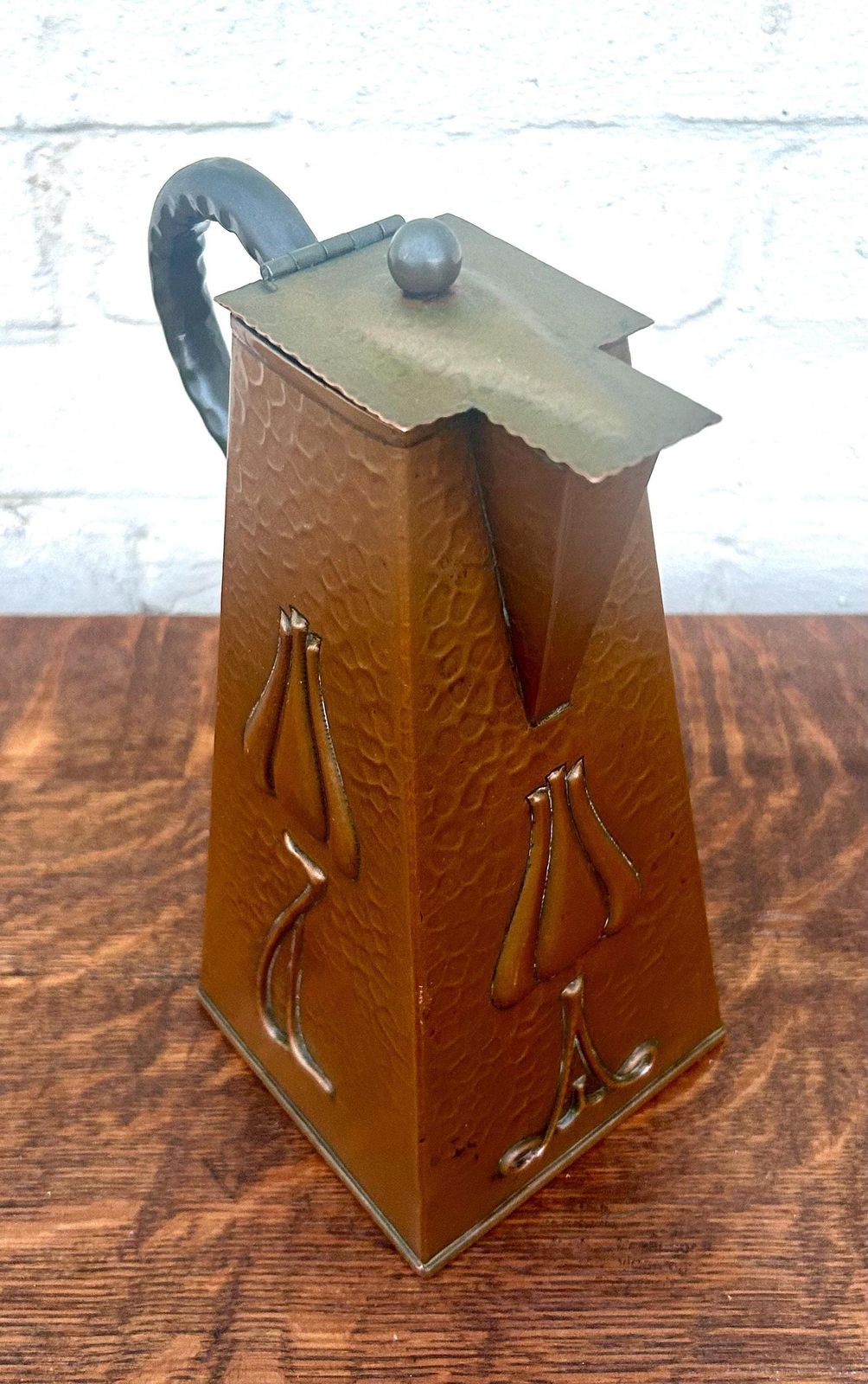 J & F Pool Arts And Crafts Coffee Pot Copper Antique Jug Vintage Victorian Vase Rare Metal photo for sale