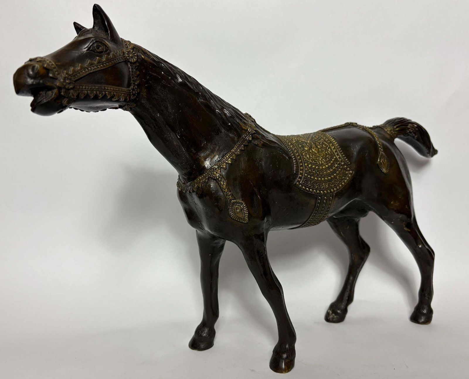 Vintage Indian Patinated Bronze Stallion, 38cm – Hand‑Cast Equestrian Sculpture photo for sale