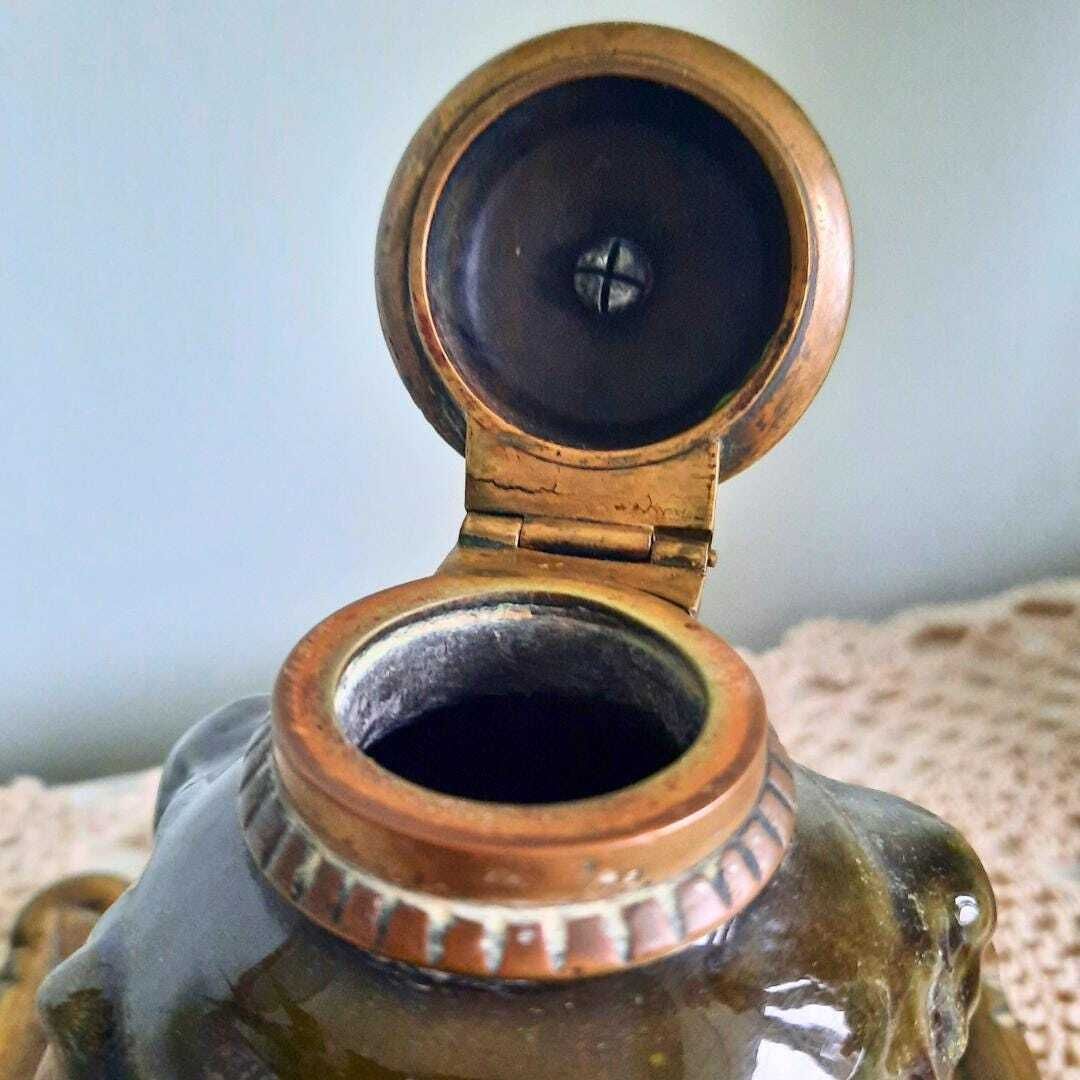 Antique Brass Linthorpe Pottery Inkwell With Cherub Faces And Ornate Decoration Made In 1905 photo vintage