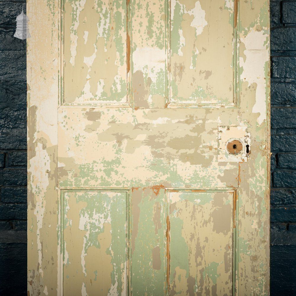 6 Panel Door, Moulded Panels With Distressed Green Paint photo for sale