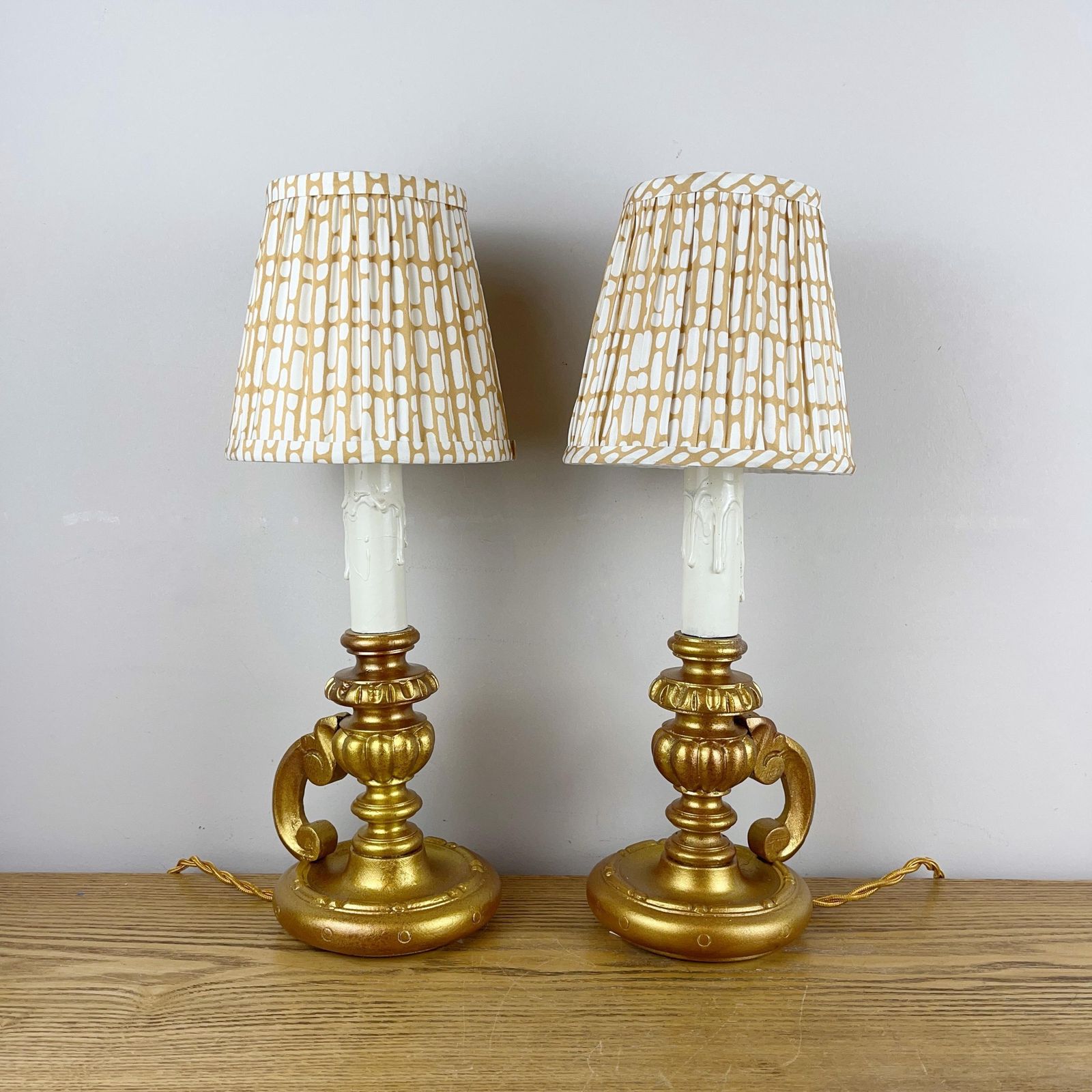 Pair Of Gold Colour Vintage French Chateau Style Chamberstick Lamps. photo vintage