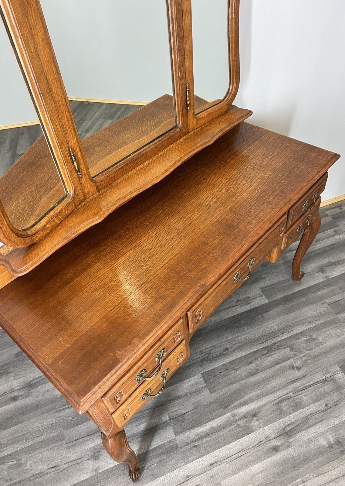 469.0 Vintage Dressing Table With Mirror French Oak Louis Vanity Table Makeup Lot 4559 photo