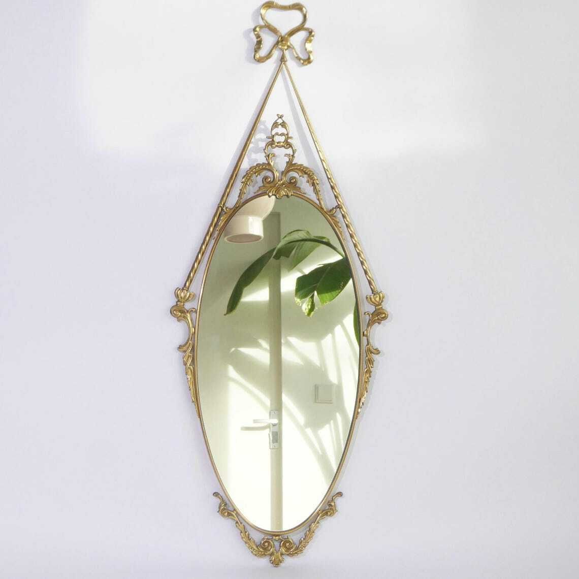 Large Oval Italian Brass Wall Mirror With Ornament  Bow Tie Hollywood Regency Mirror  Wall Hanging