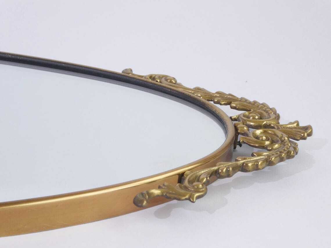 Large Oval Italian Brass Wall Mirror With Ornament  Bow Tie Hollywood Regency Mirror  Wall Hanging photo 629.0