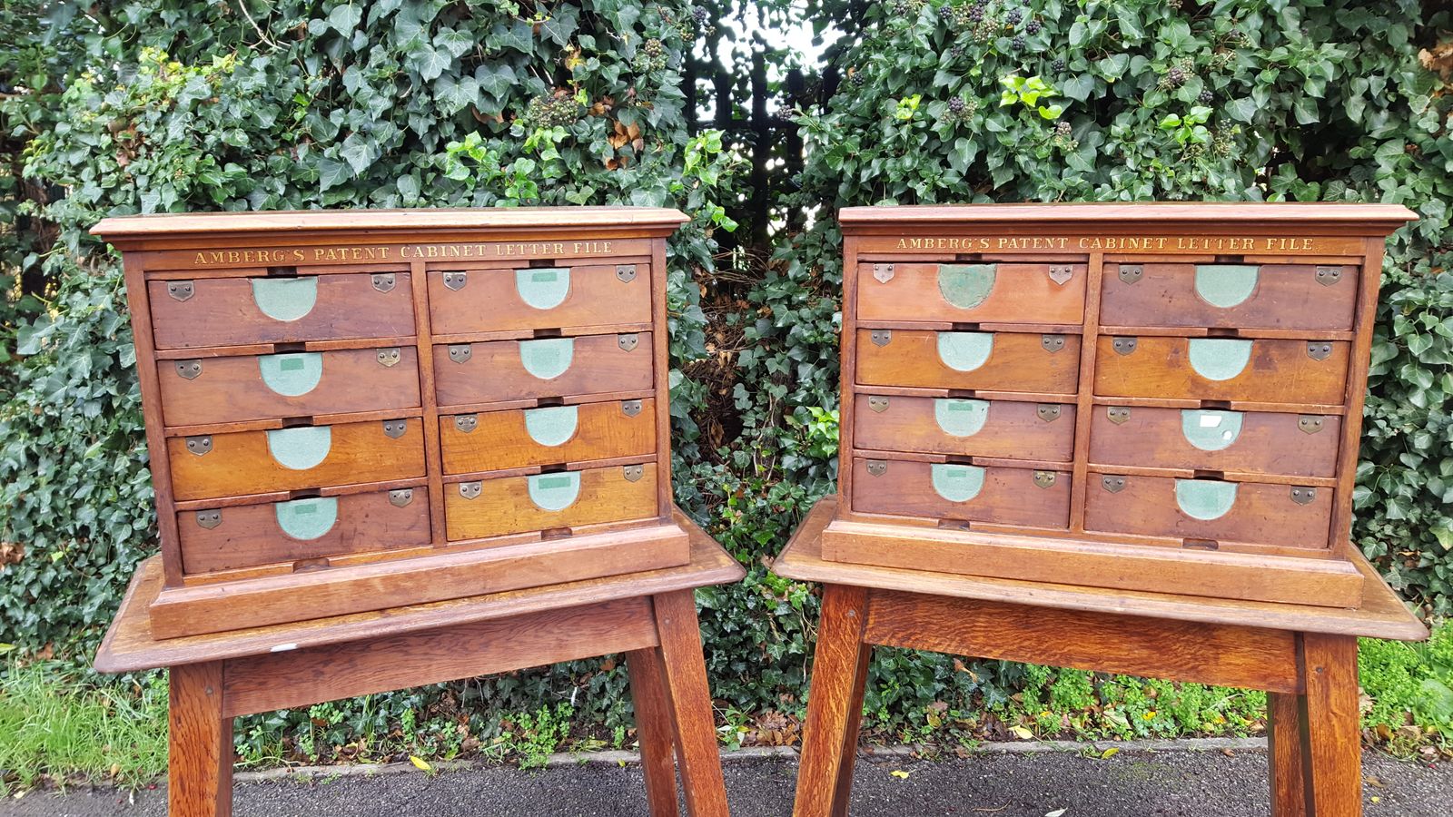 Matching Pair Of Walnut Amberg's Patent Cabinet Letter File